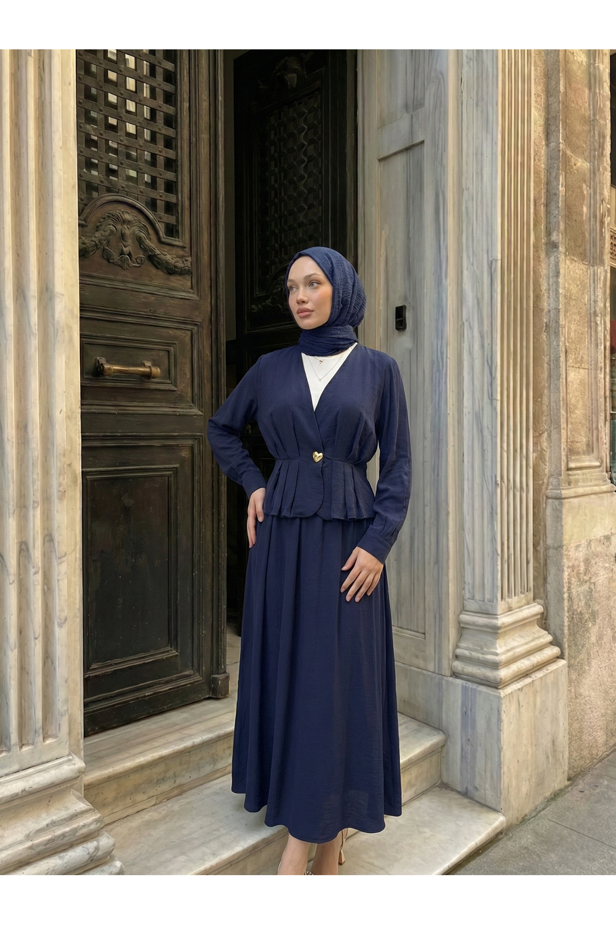 Ceket Düğme Detay Etekli Takım-Lacivert