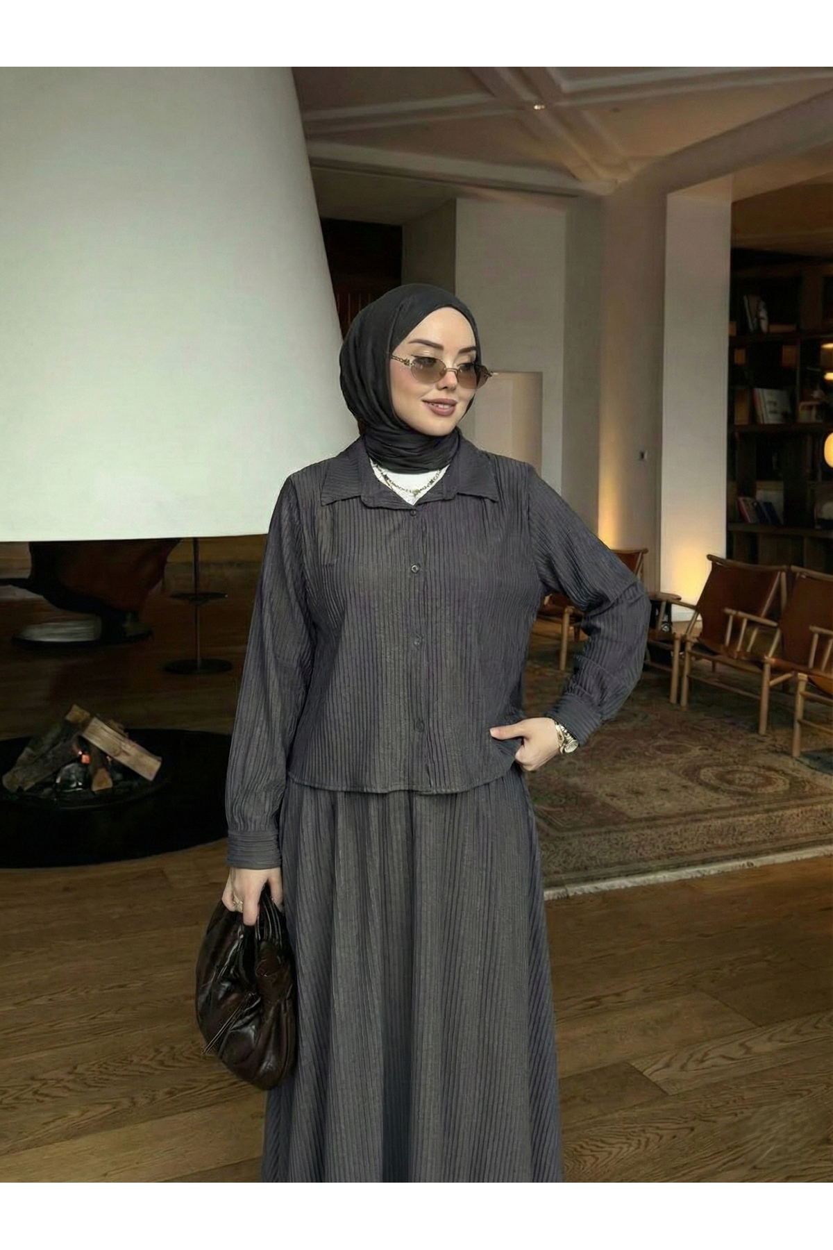 Omuz Pile Detay Etekli Takım-Antrasit