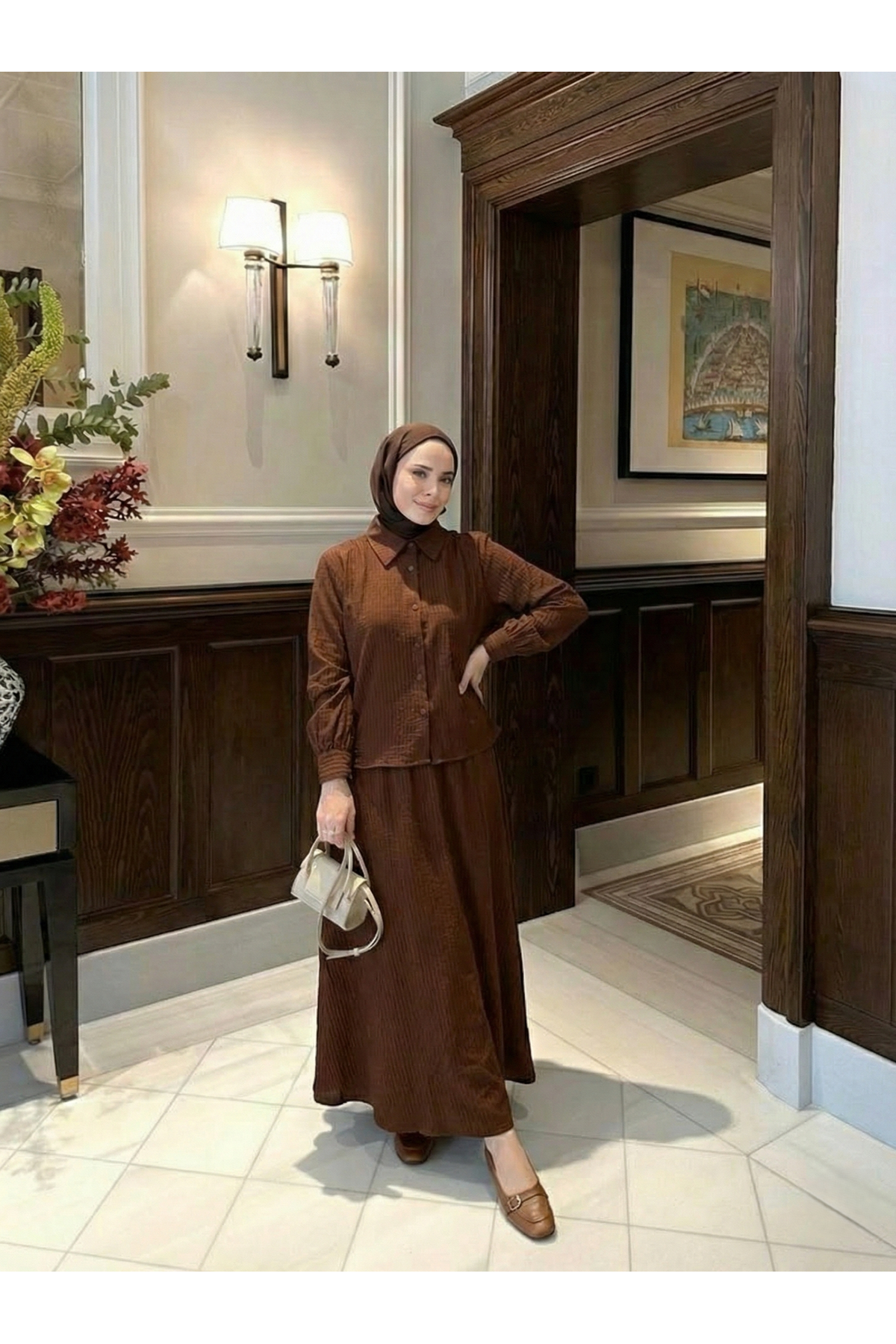 Omuz Pile Detay Etekli Takım-Kahve