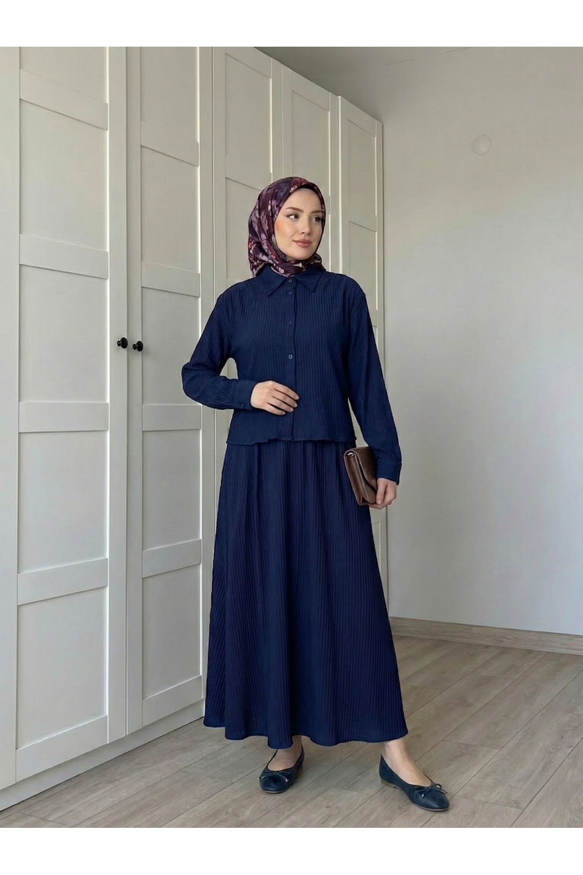 Omuz Pile Detay Etekli Takım-Lacivert