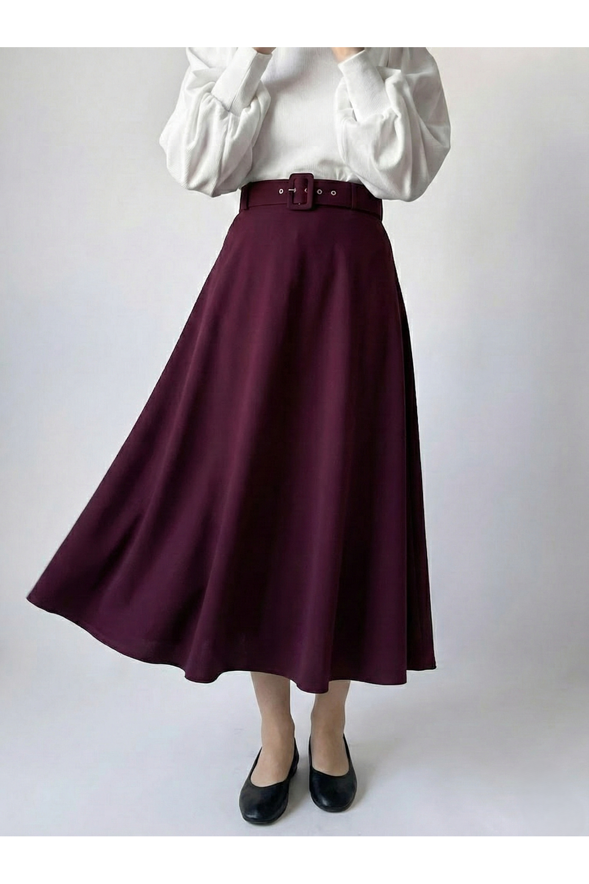 Kemerli Kloş Etek-Bordo