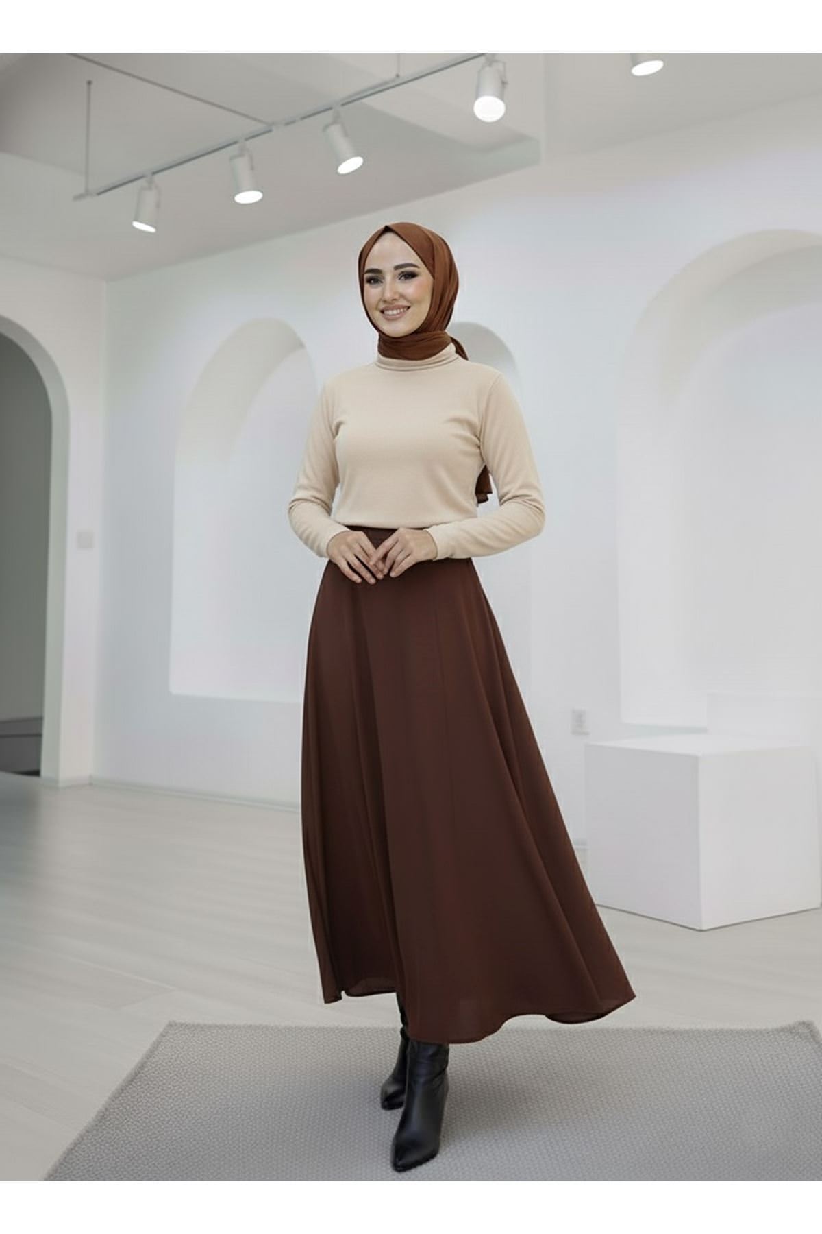 Çıma Detaylı Parçalı Etek-Kahve