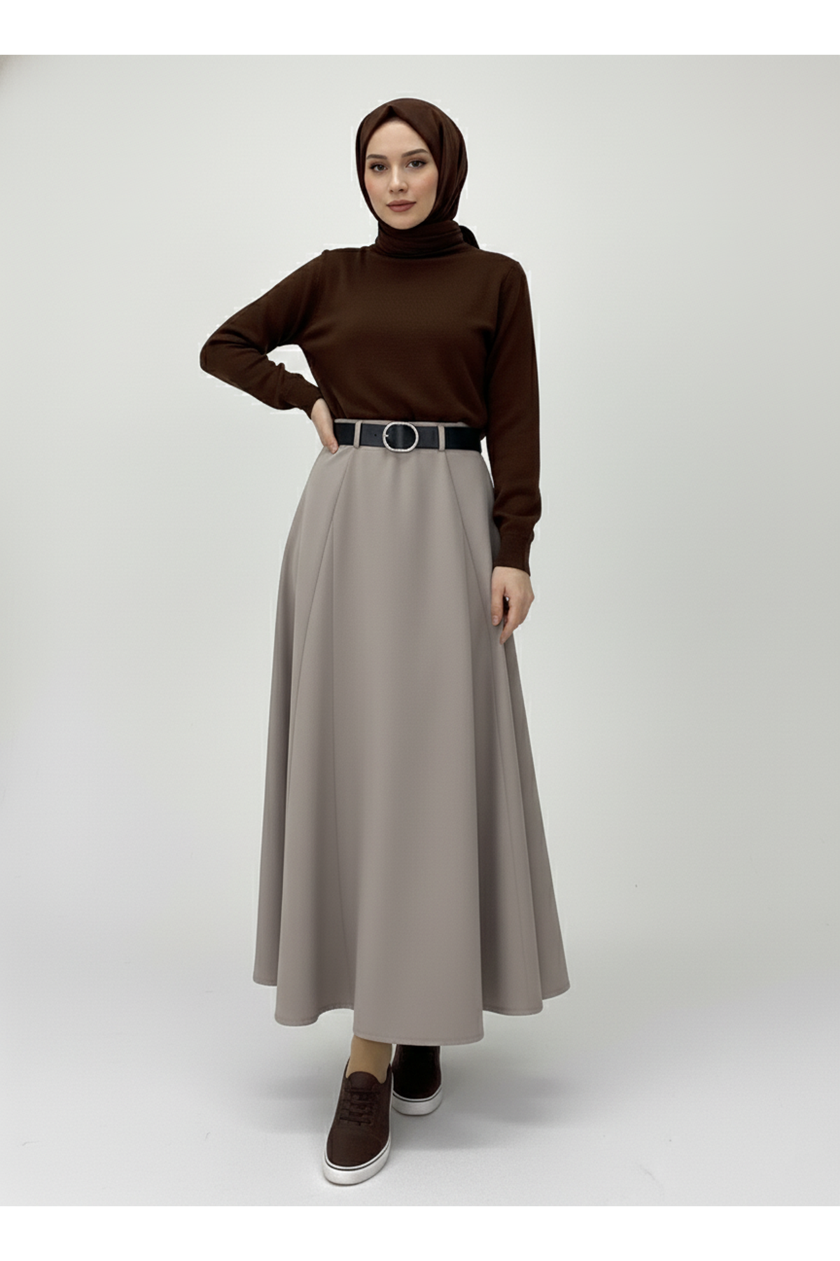 Kelebek Detaylı Etek-Vizon