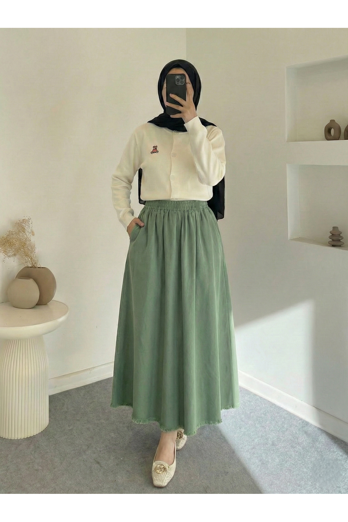 Cepli Bel Lastikli Etek-Haki