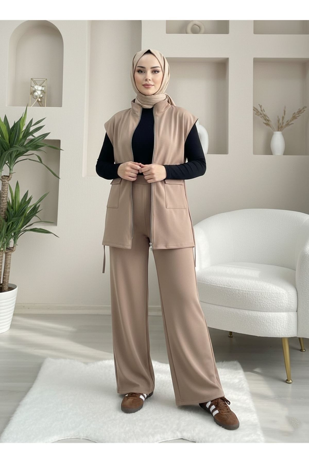 Fermuarlı Cep Detay Yelekli Takım-Vizon