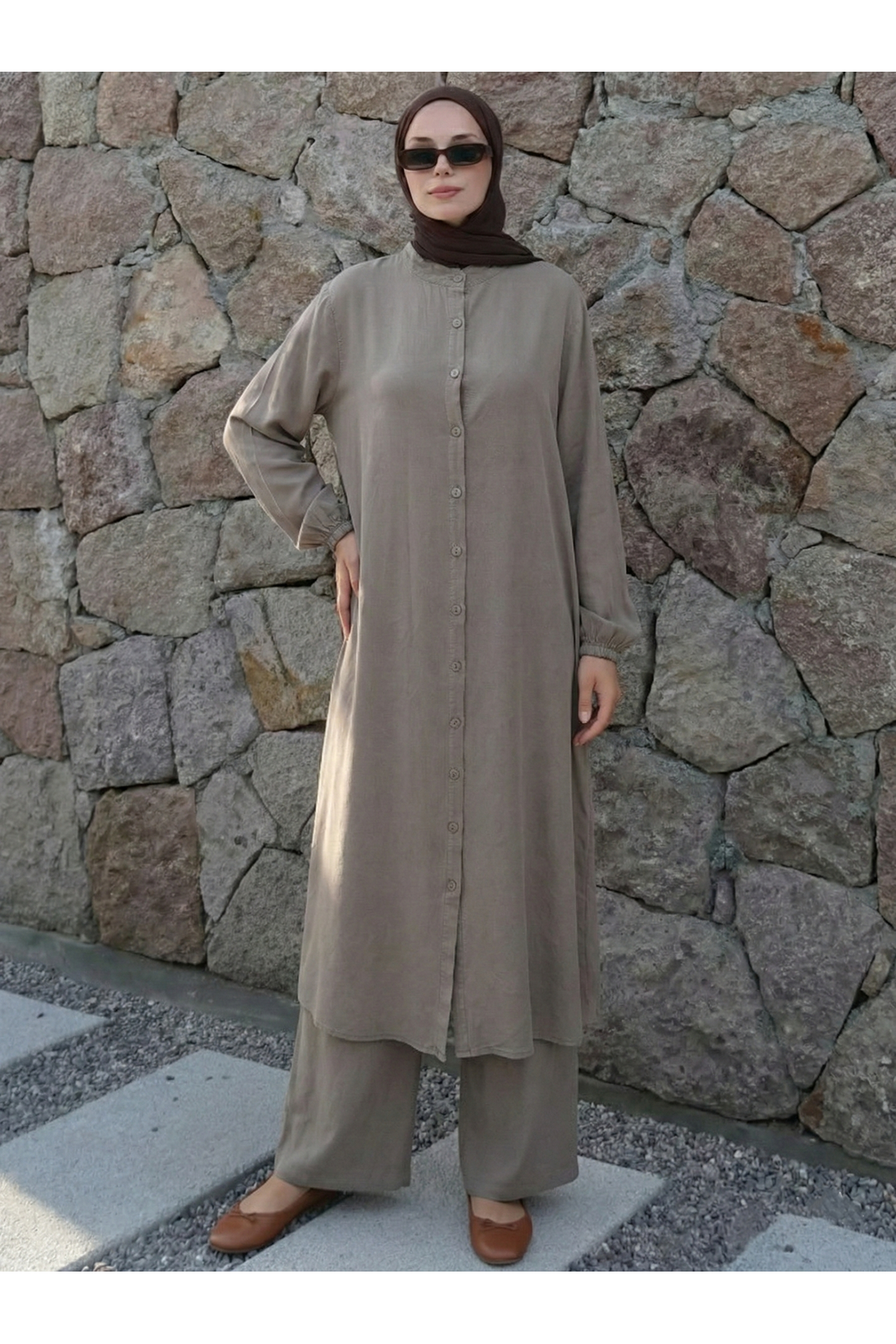 Hakim Yaka Uzun Pantolonlu Takım-Vizon