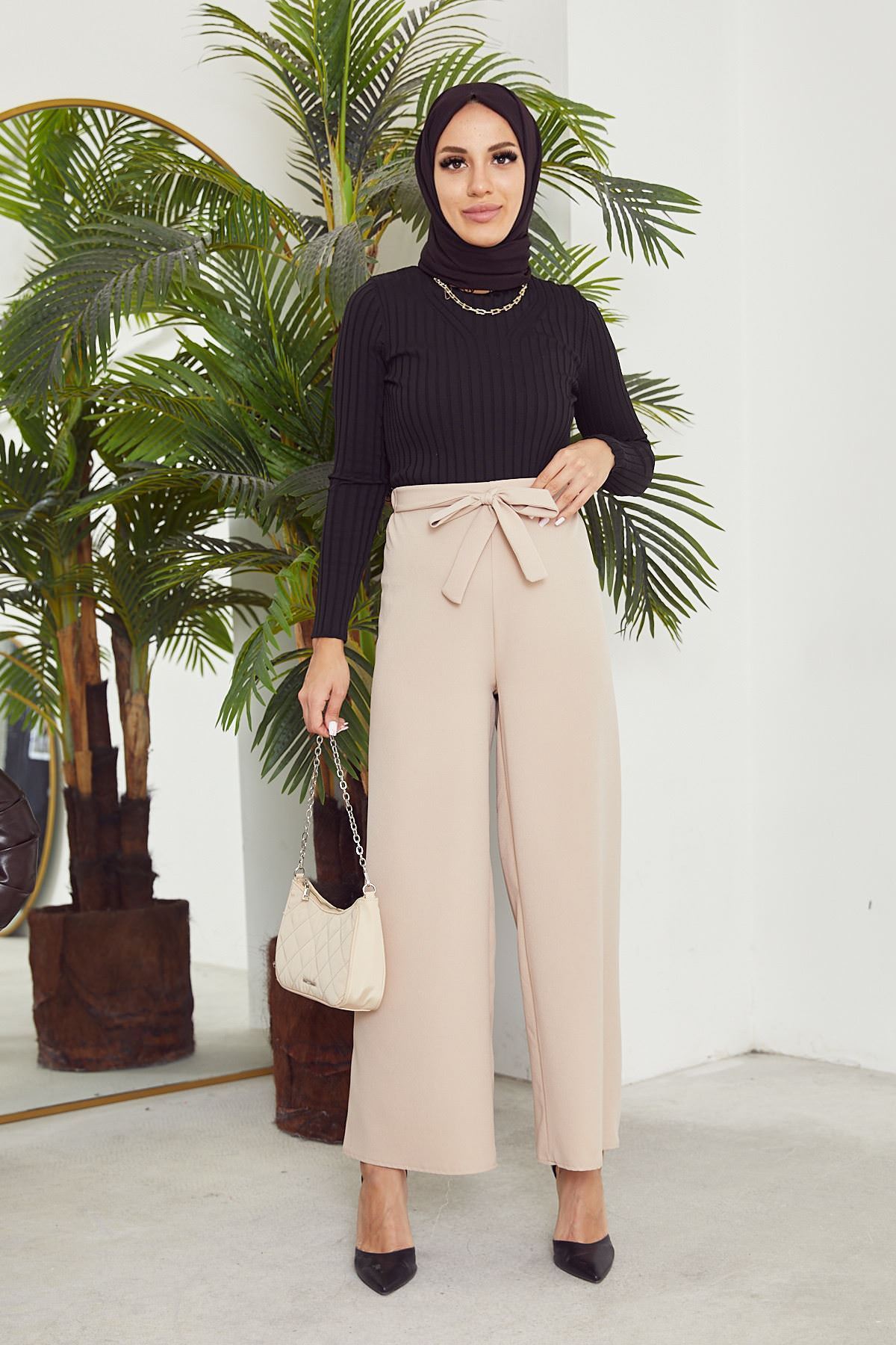 Kadın Beli Lastikli Bağlama Detaylı Geniş Paça Tesettür Pantolon-Taş