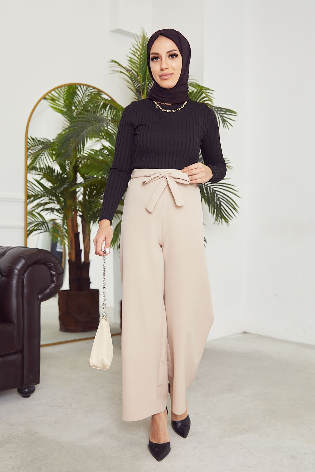 Kadın Beli Lastikli Bağlama Detaylı Geniş Paça Tesettür Pantolon-Taş