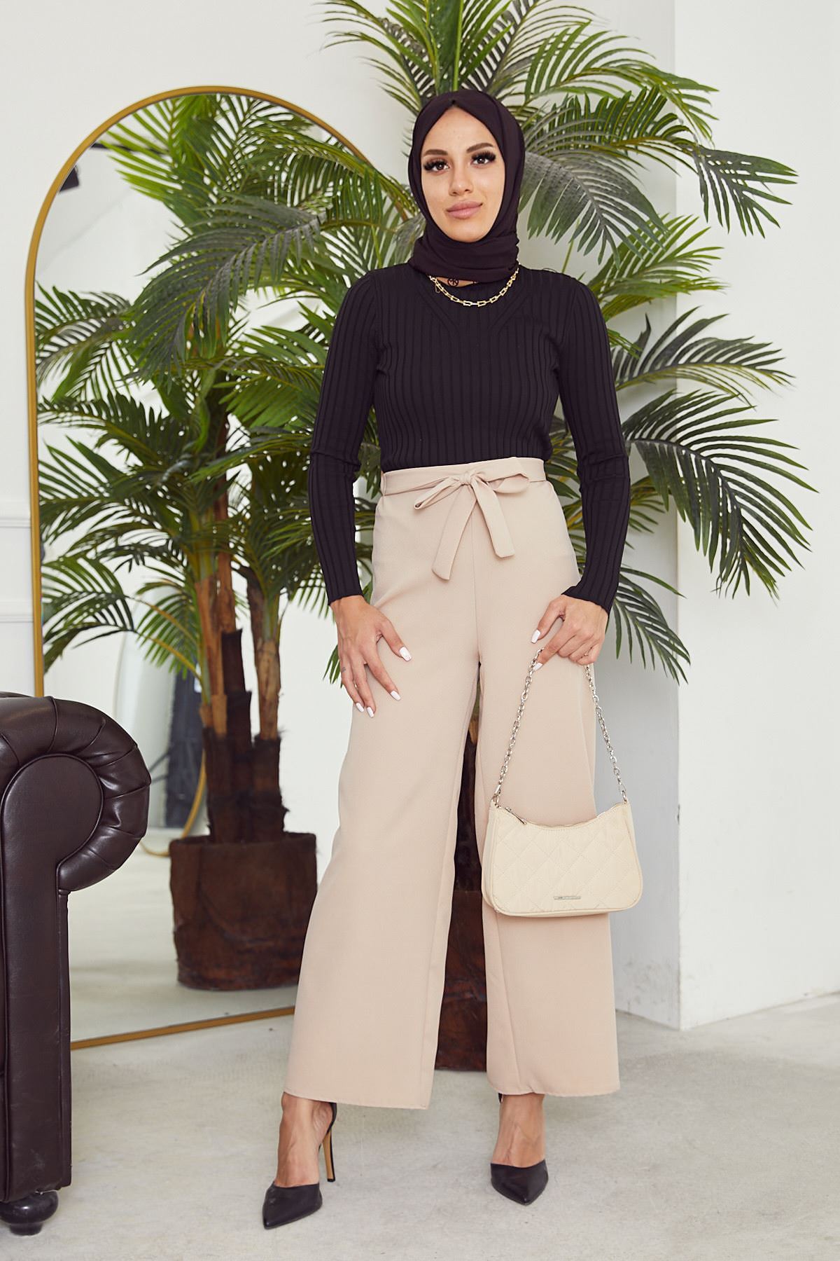 Kadın Beli Lastikli Bağlama Detaylı Geniş Paça Tesettür Pantolon-Taş