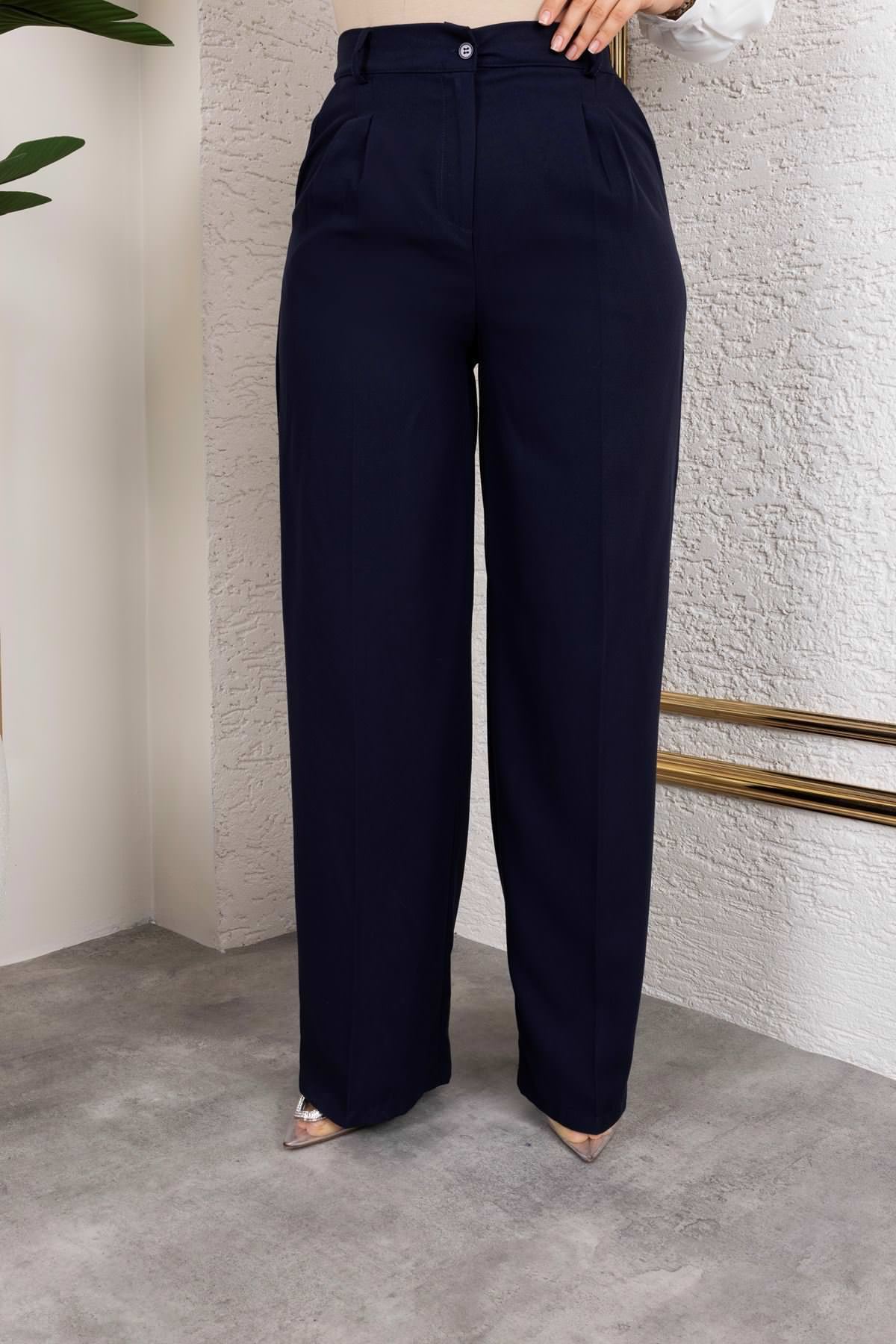 Bel Lastik Düz Paça Büyük Beden Pantolon-Siyah