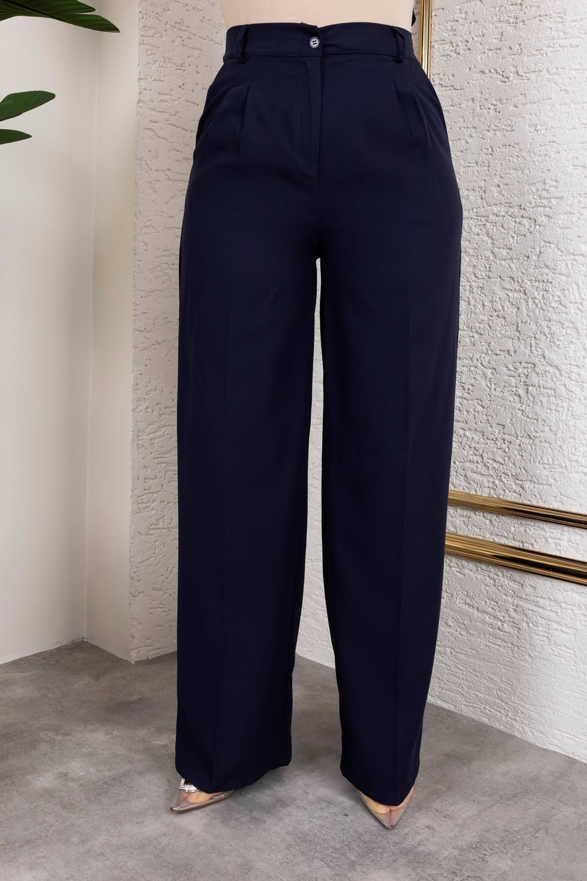 Bel Lastik Düz Paça Büyük Beden Pantolon-Siyah