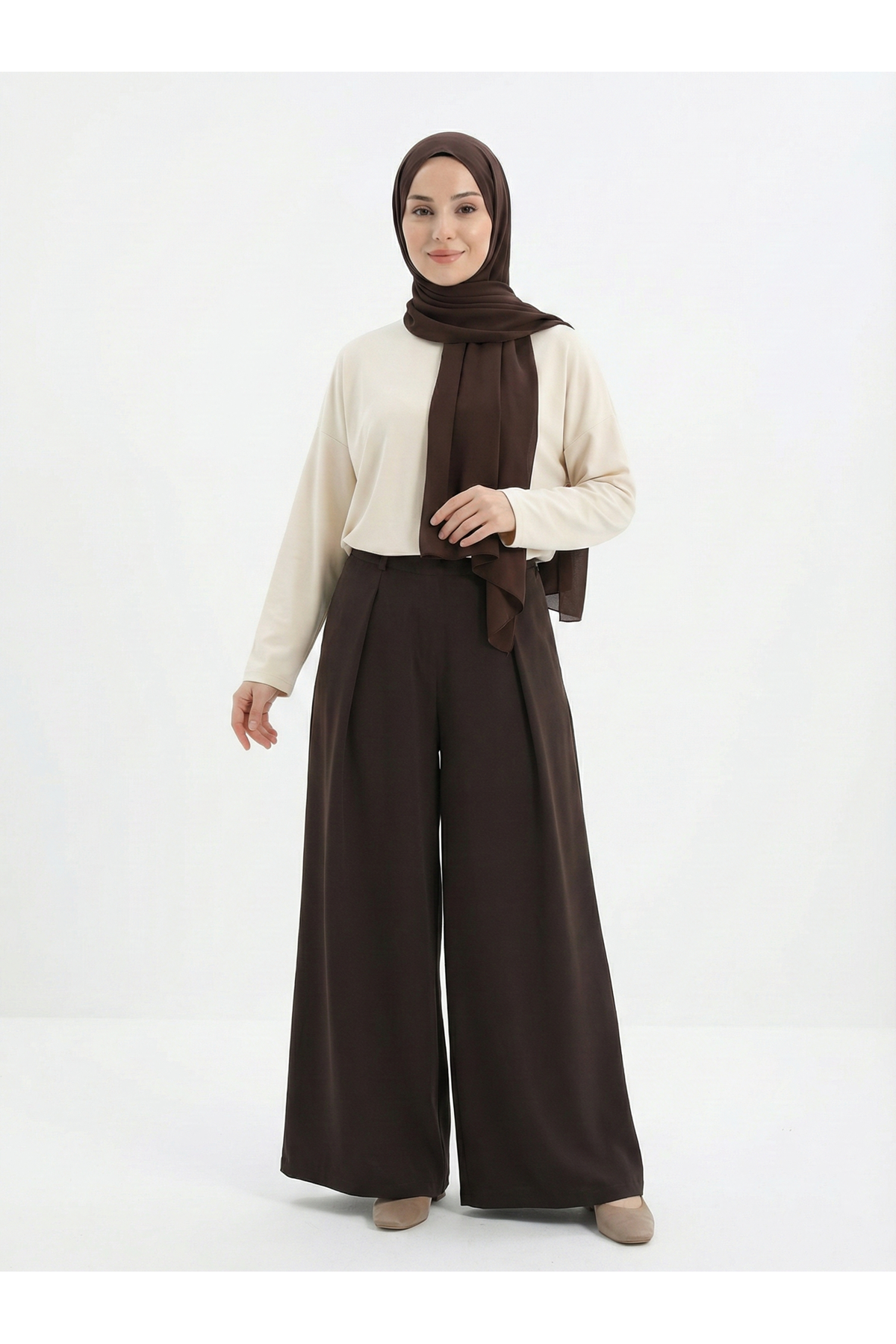 Geniş Pileli Pantolon-Kahve