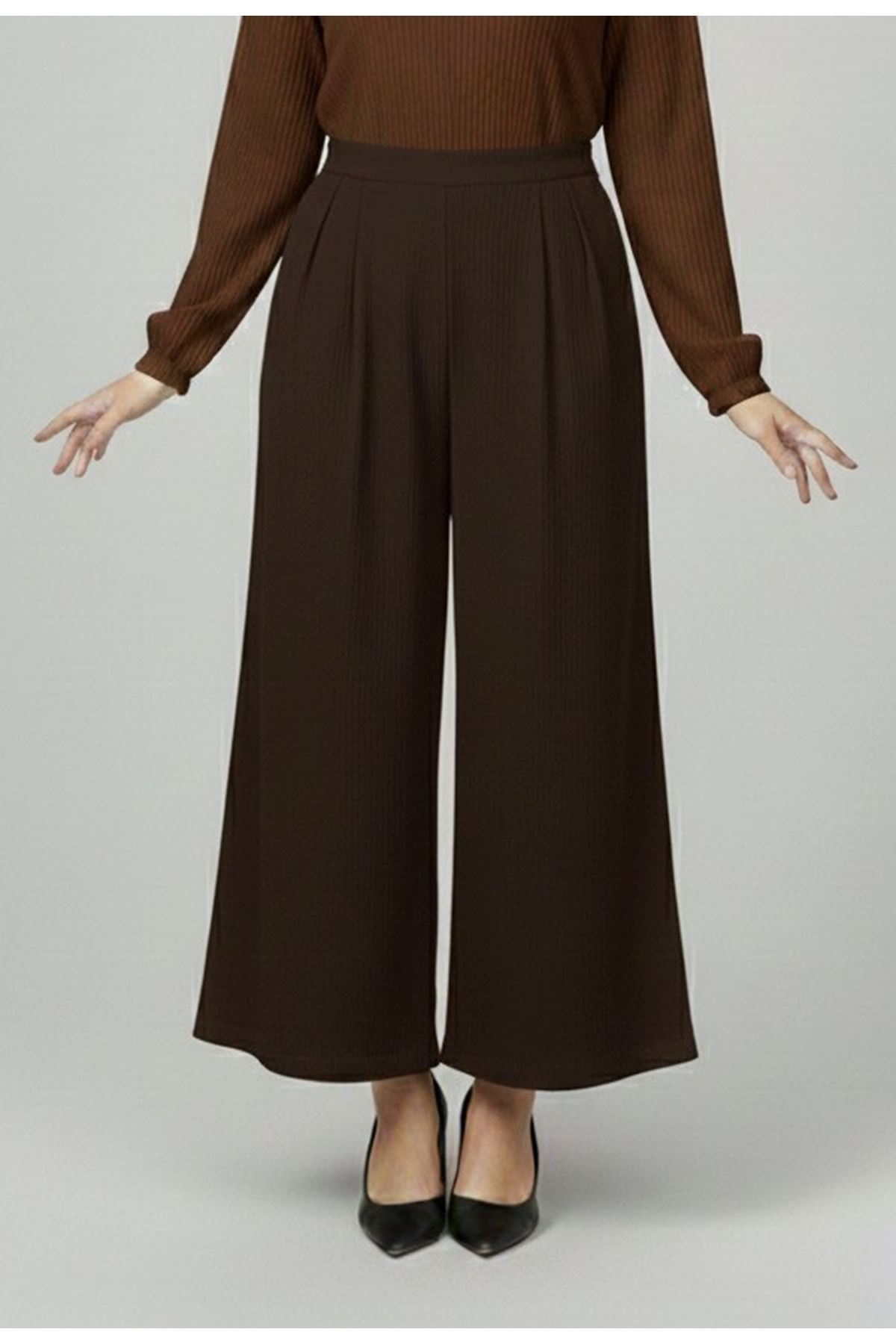 Cırt Bantlı Scuba Krep Pantolon-Kahve