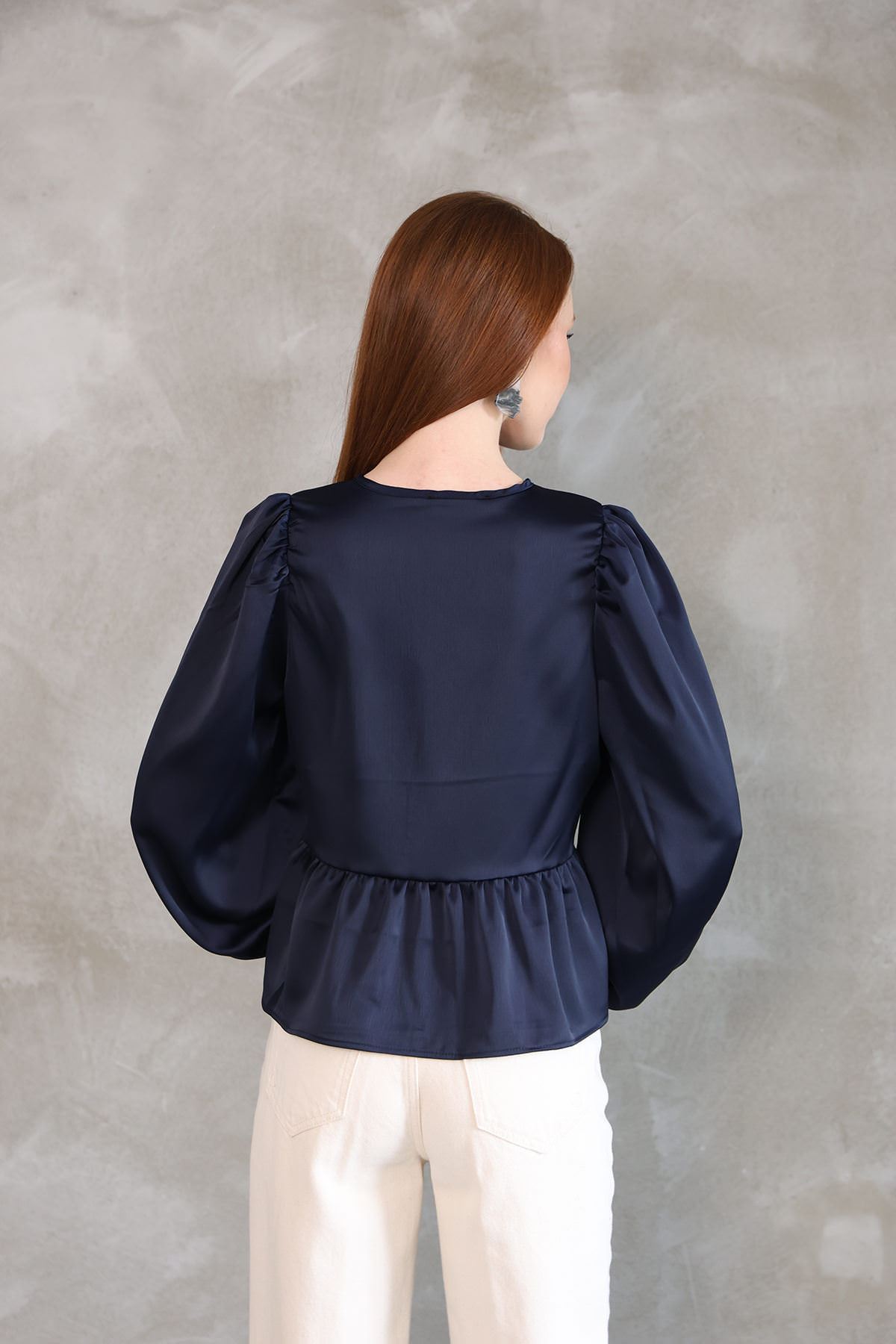Yaka Biye Etek Büzgülü Tunik-Lacivert