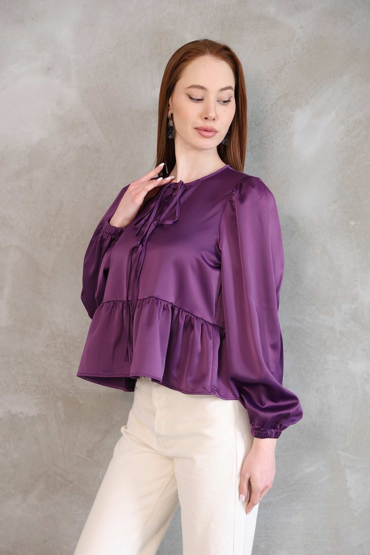 Yaka Biye Etek Büzgülü Tunik-Mor
