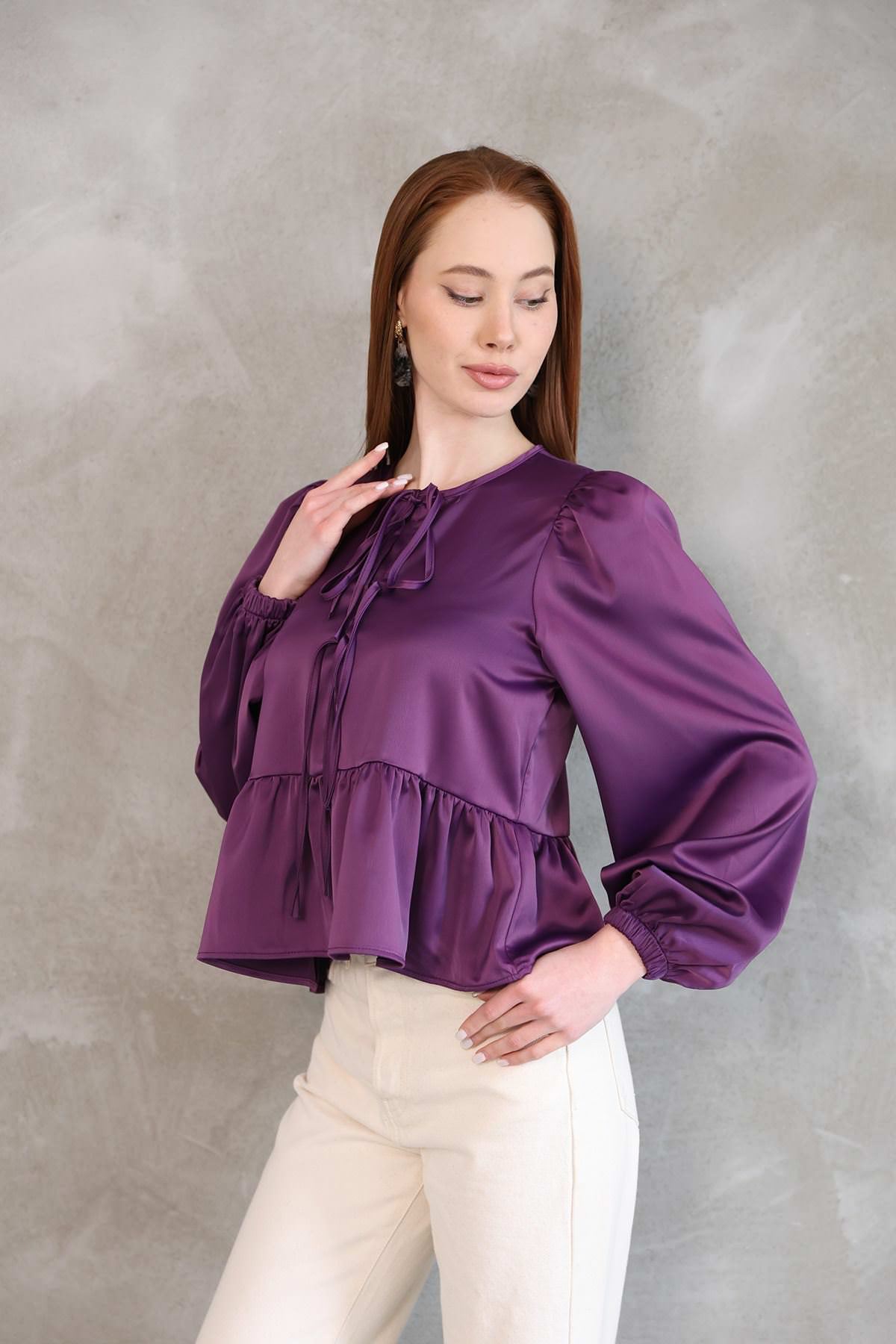 Yaka Biye Etek Büzgülü Tunik-Mor