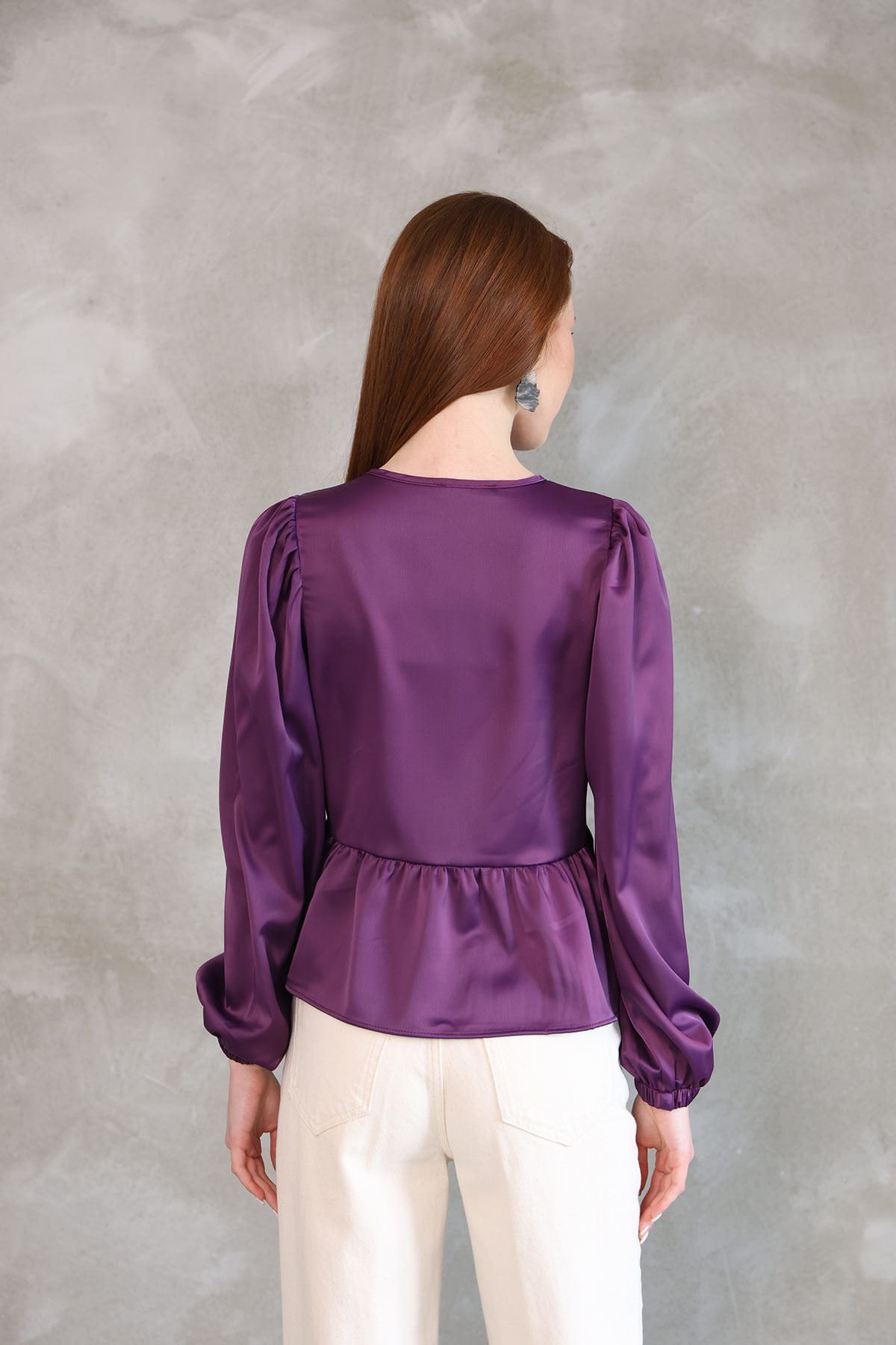 Yaka Biye Etek Büzgülü Tunik-Mor