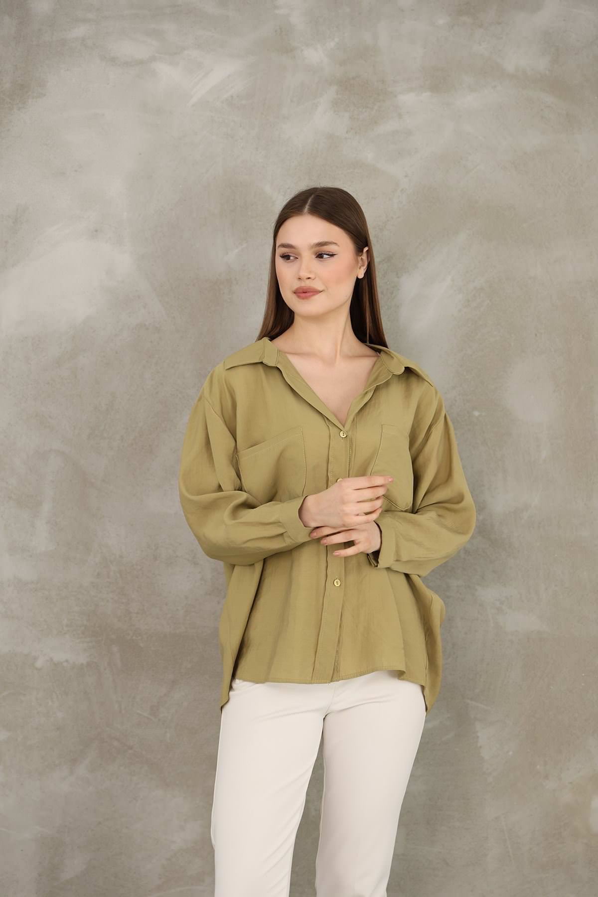 Çift Cep Dokuma Modal Tunik-YAĞ YEŞİLİ