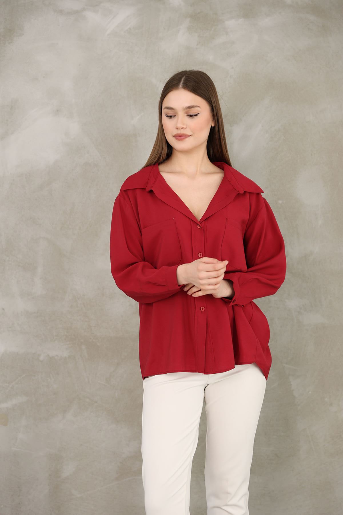 Çift Cep Dokuma Modal Tunik-Bordo