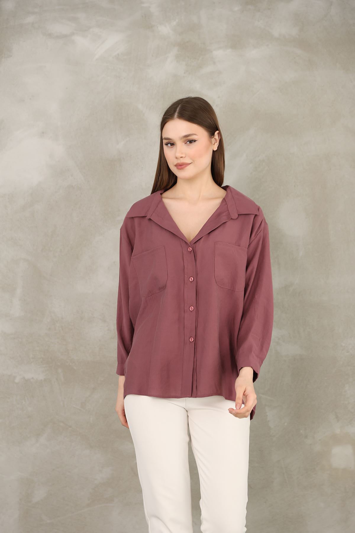 Çift Cep Dokuma Modal Tunik-Gül Kurusu