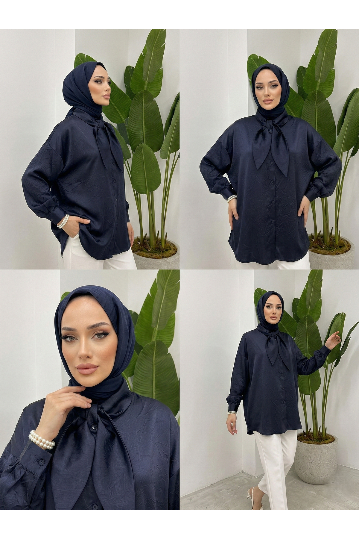 Yaka Detay Saten Tunik-Lacivert