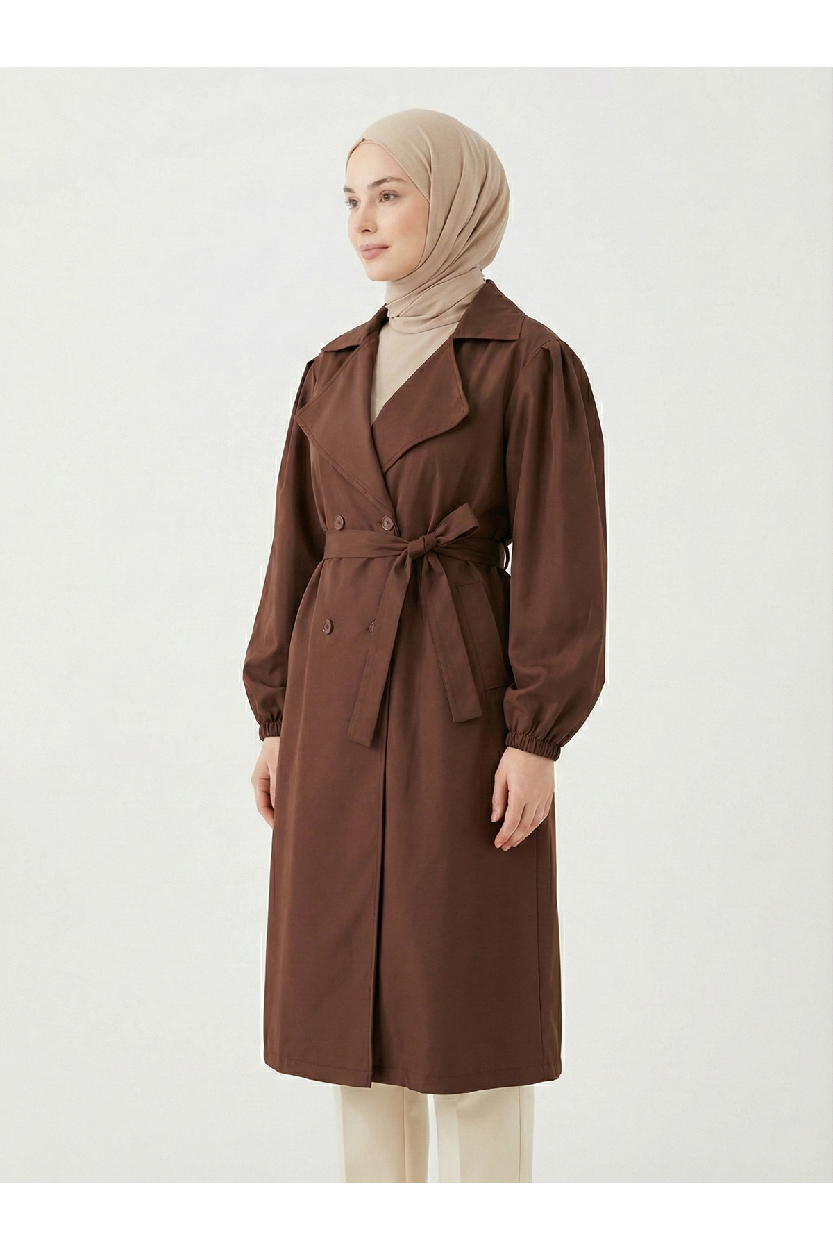 Düğmeli Kruveze Uzun Trenç-Kahve