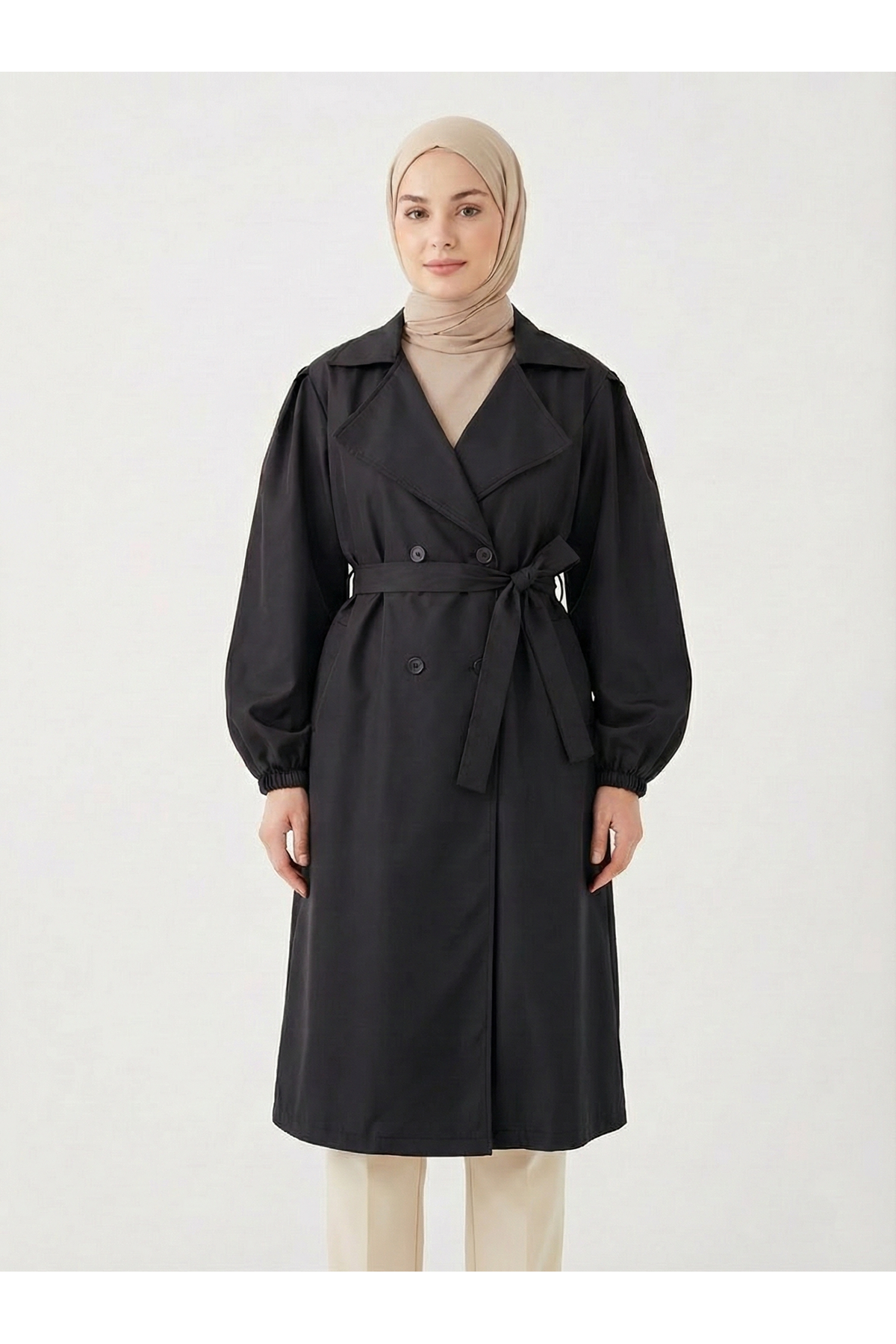Düğmeli Kruveze Uzun Trenç-Siyah