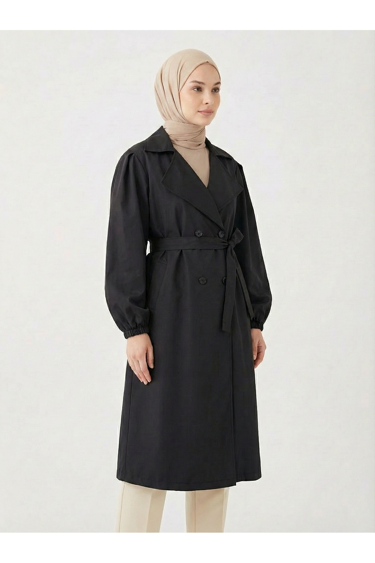 Düğmeli Kruveze Uzun Trenç-Siyah