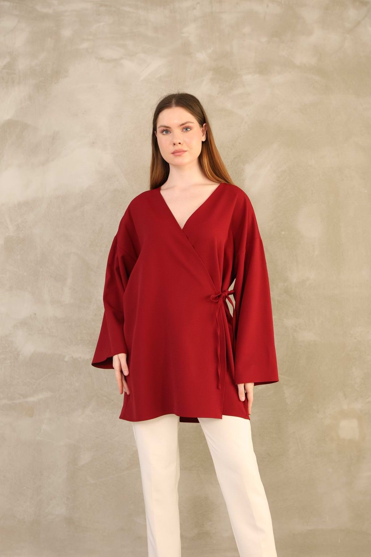 Yan Bağlamalı Atlas Tunik-Bordo