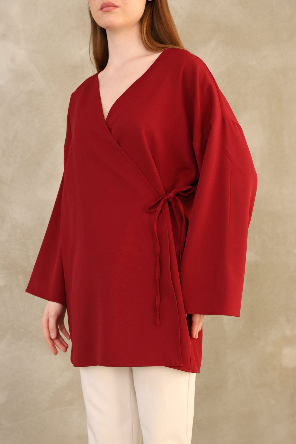 Yan Bağlamalı Atlas Tunik-Bordo