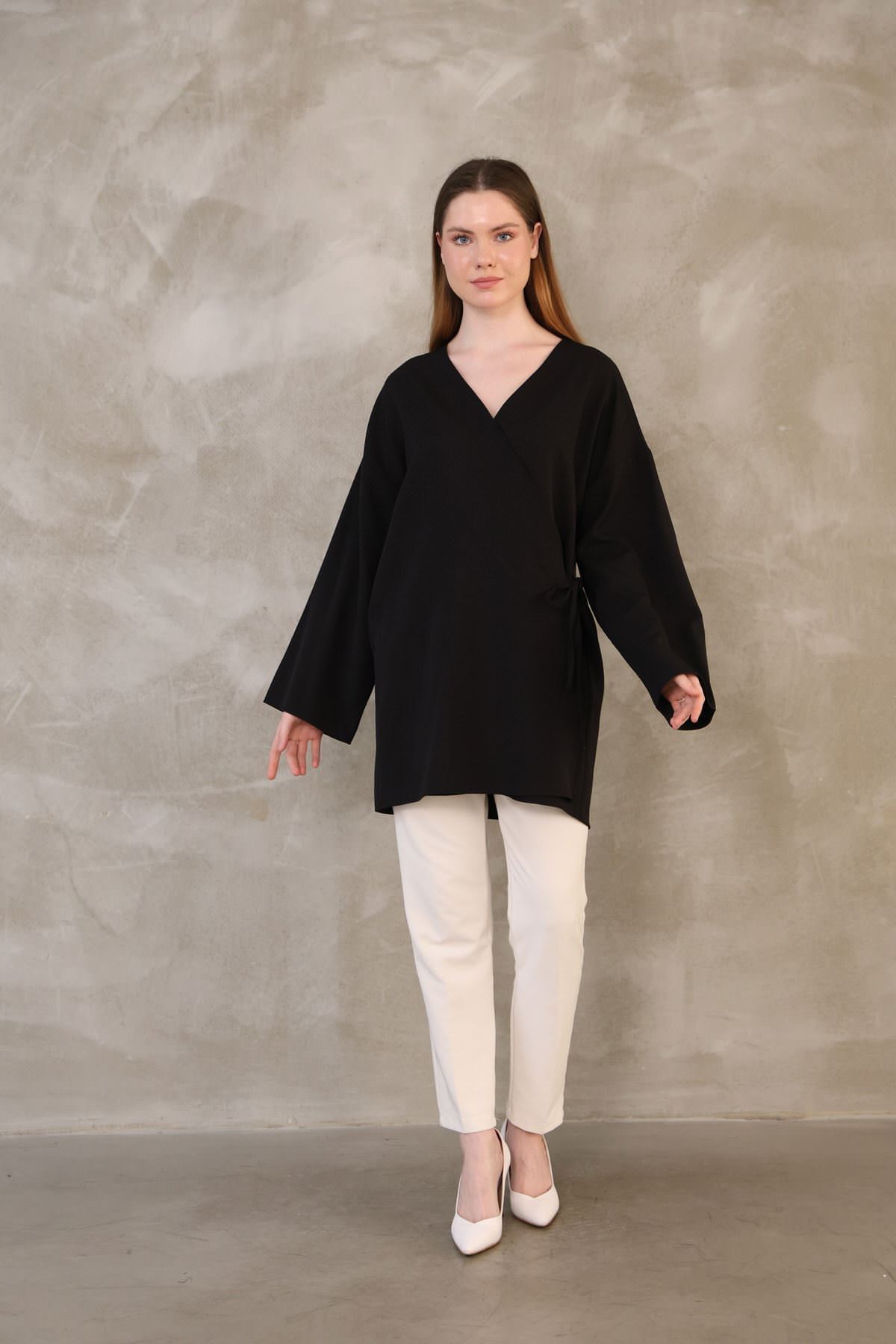 Yan Bağlamalı Atlas Tunik-Siyah