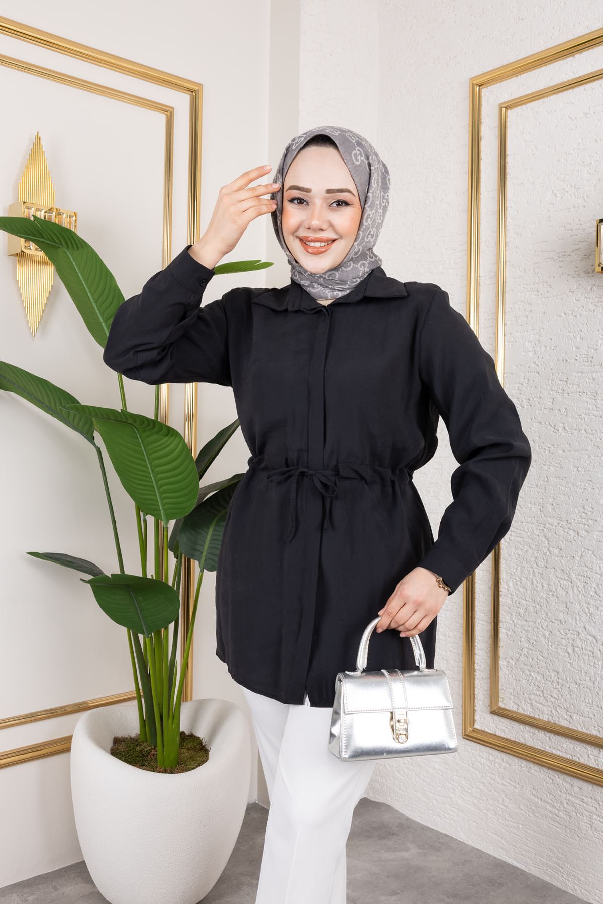 Kadın Beli Tünel Kuşak Detaylı Gölek Yaka Trend Yazlık Modest Modal Kumaş Tesettür Tunik-Siyah