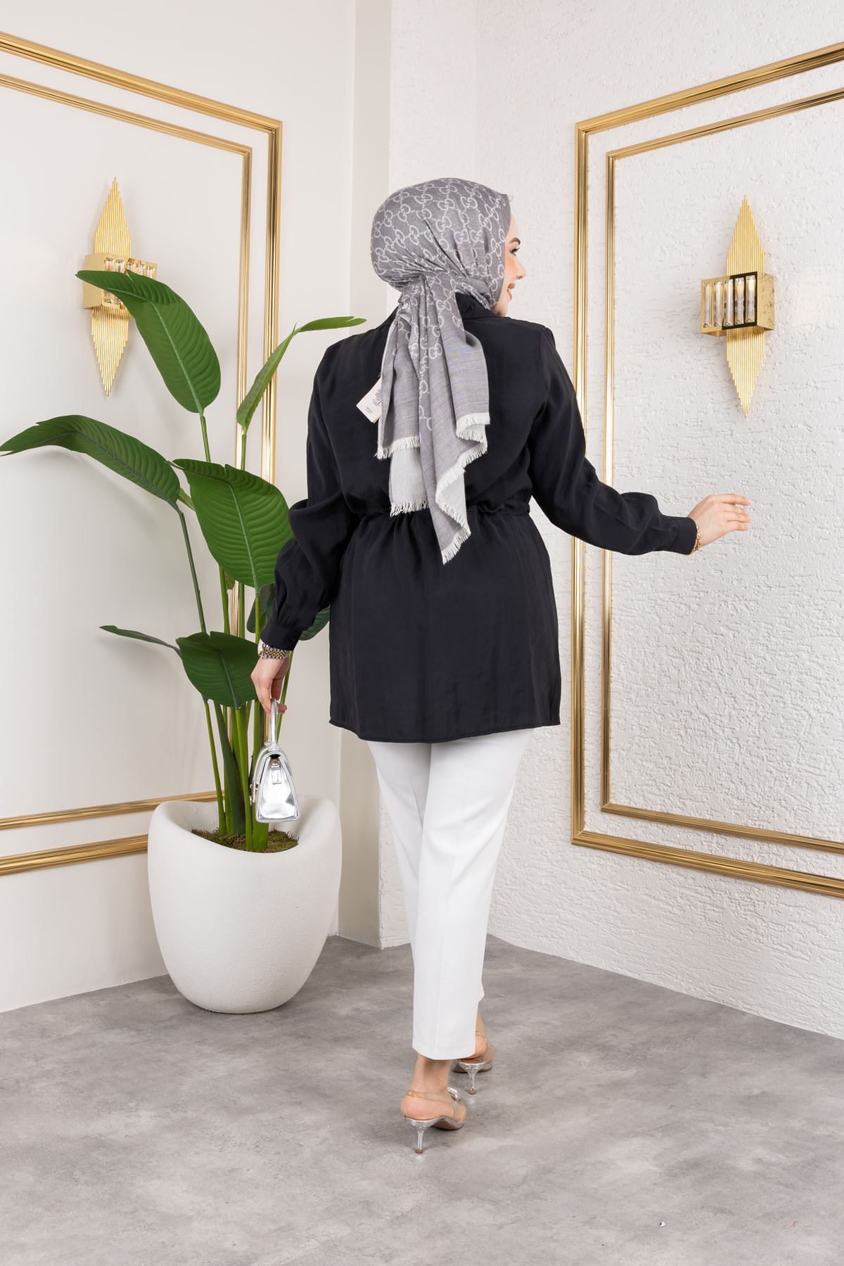 Kadın Beli Tünel Kuşak Detaylı Gölek Yaka Trend Yazlık Modest Modal Kumaş Tesettür Tunik-Siyah