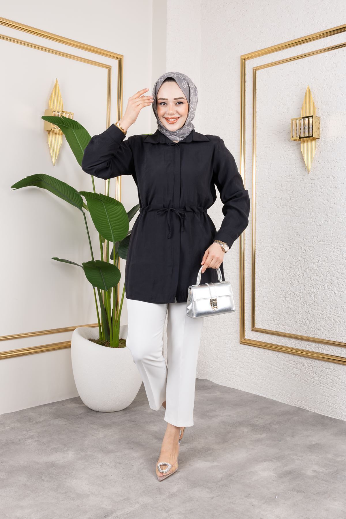 Kadın Beli Tünel Kuşak Detaylı Gölek Yaka Trend Yazlık Modest Modal Kumaş Tesettür Tunik-Siyah