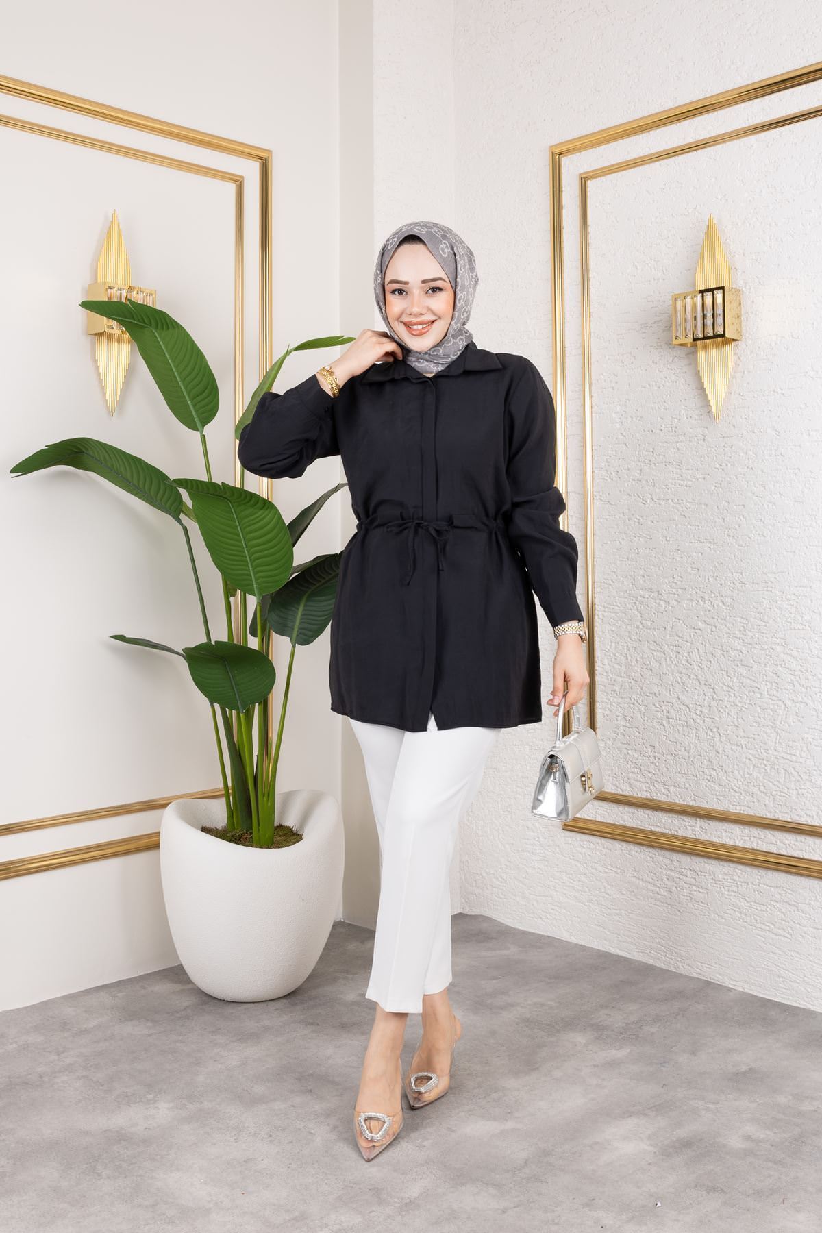 Kadın Beli Tünel Kuşak Detaylı Gölek Yaka Trend Yazlık Modest Modal Kumaş Tesettür Tunik-Siyah