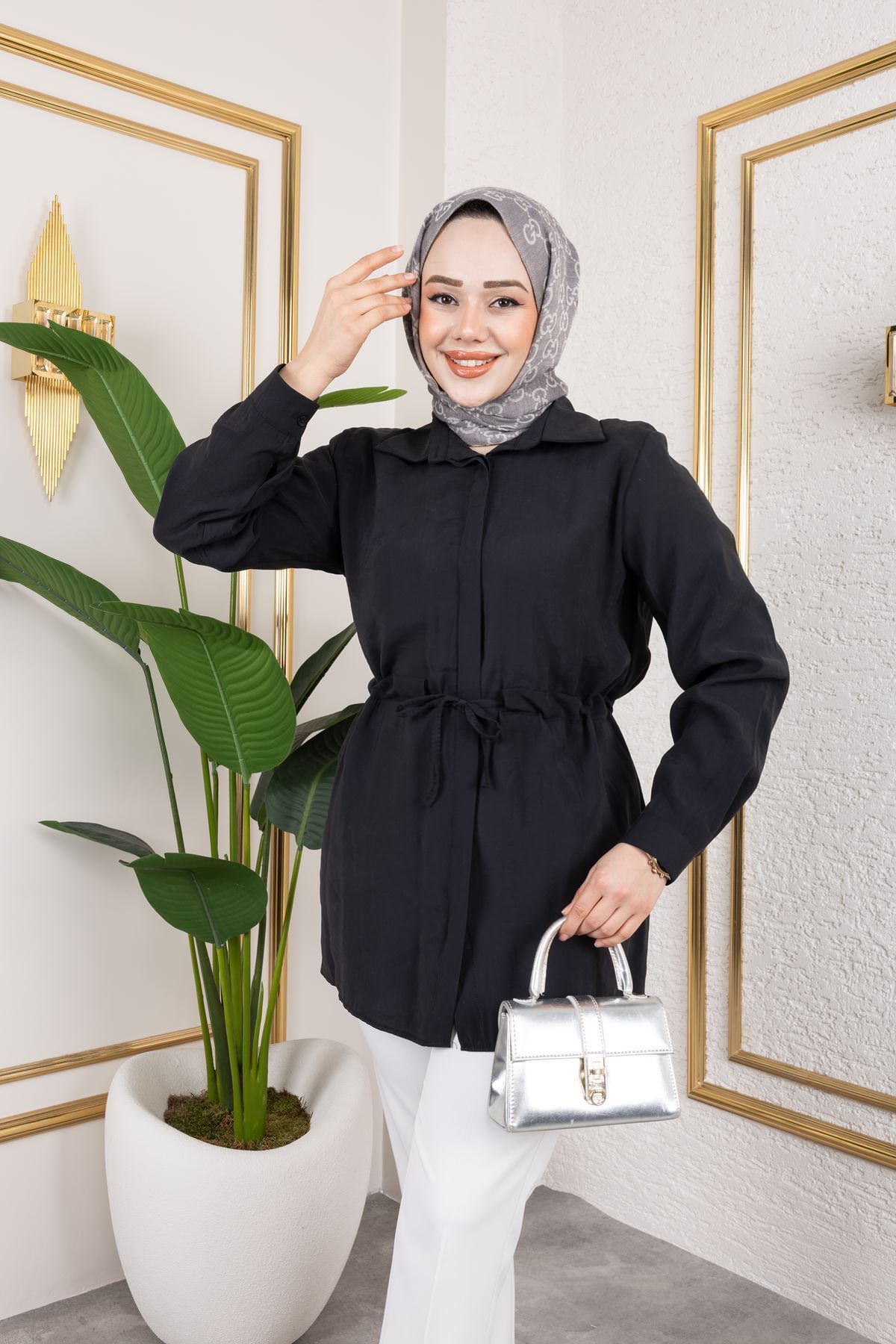 Kadın Beli Tünel Kuşak Detaylı Gölek Yaka Trend Yazlık Modest Modal Kumaş Tesettür Tunik-Siyah