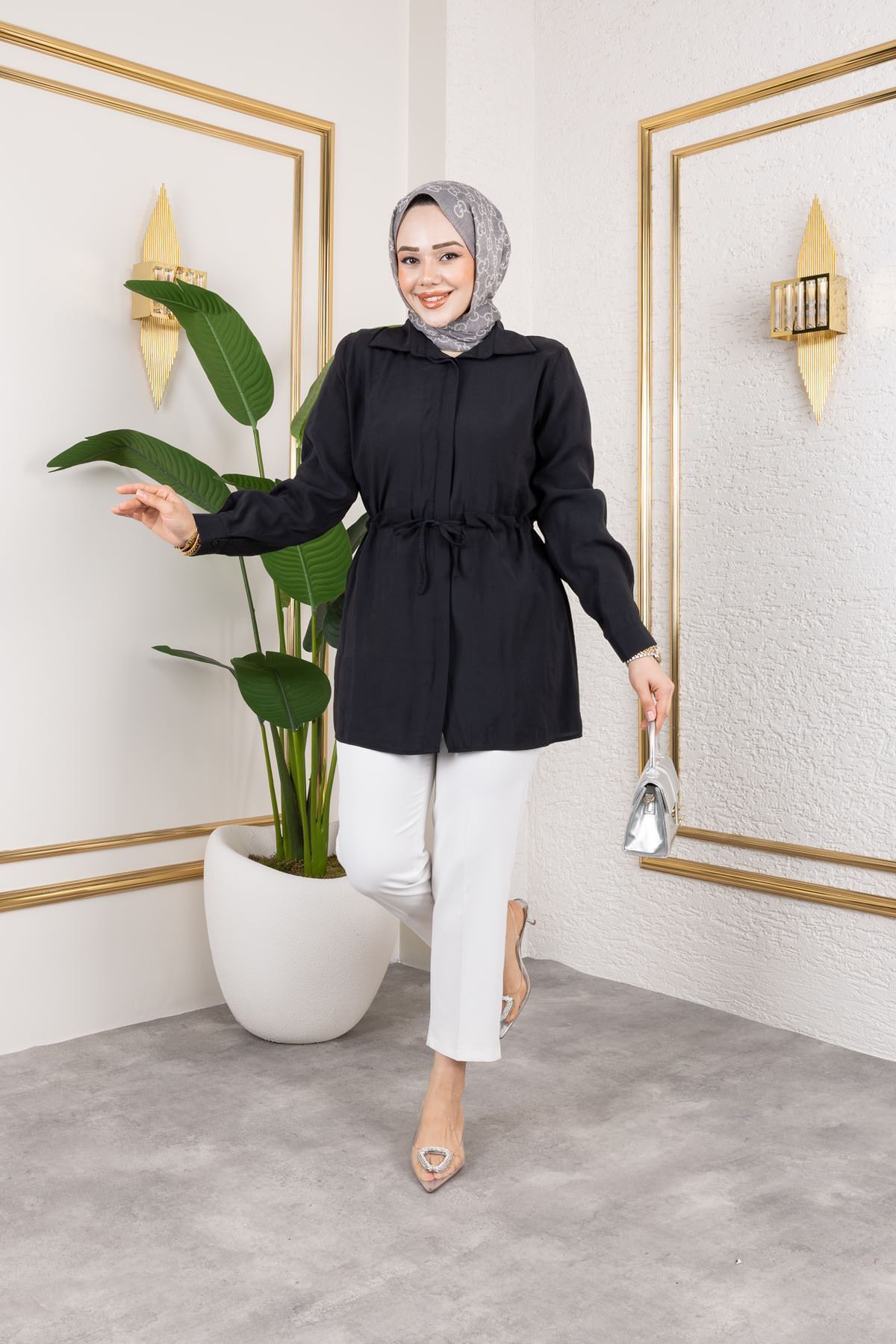 Kadın Beli Tünel Kuşak Detaylı Gölek Yaka Trend Yazlık Modest Modal Kumaş Tesettür Tunik-Siyah