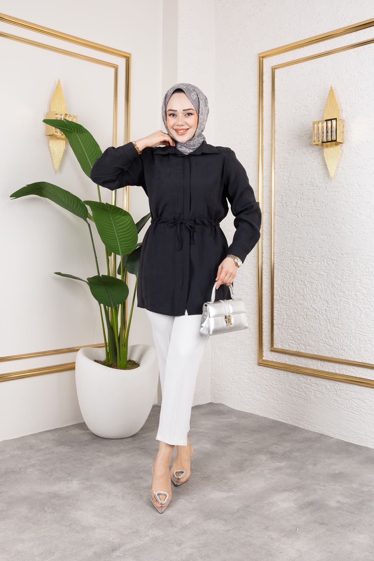 Kadın Beli Tünel Kuşak Detaylı Gölek Yaka Trend Yazlık Modest Modal Kumaş Tesettür Tunik-Siyah