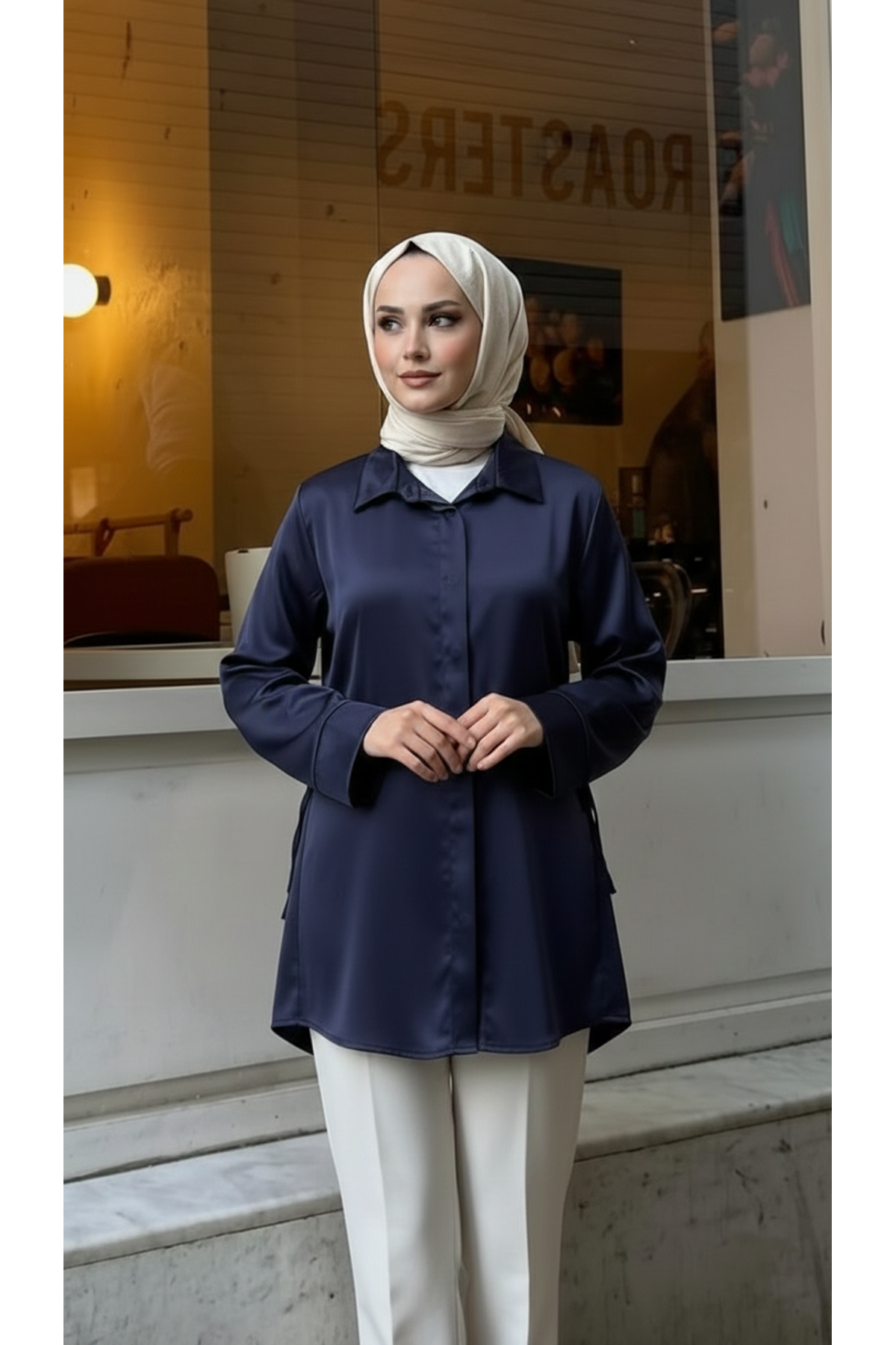 Yan Bağlamalı Saten Tunik-Lacivert