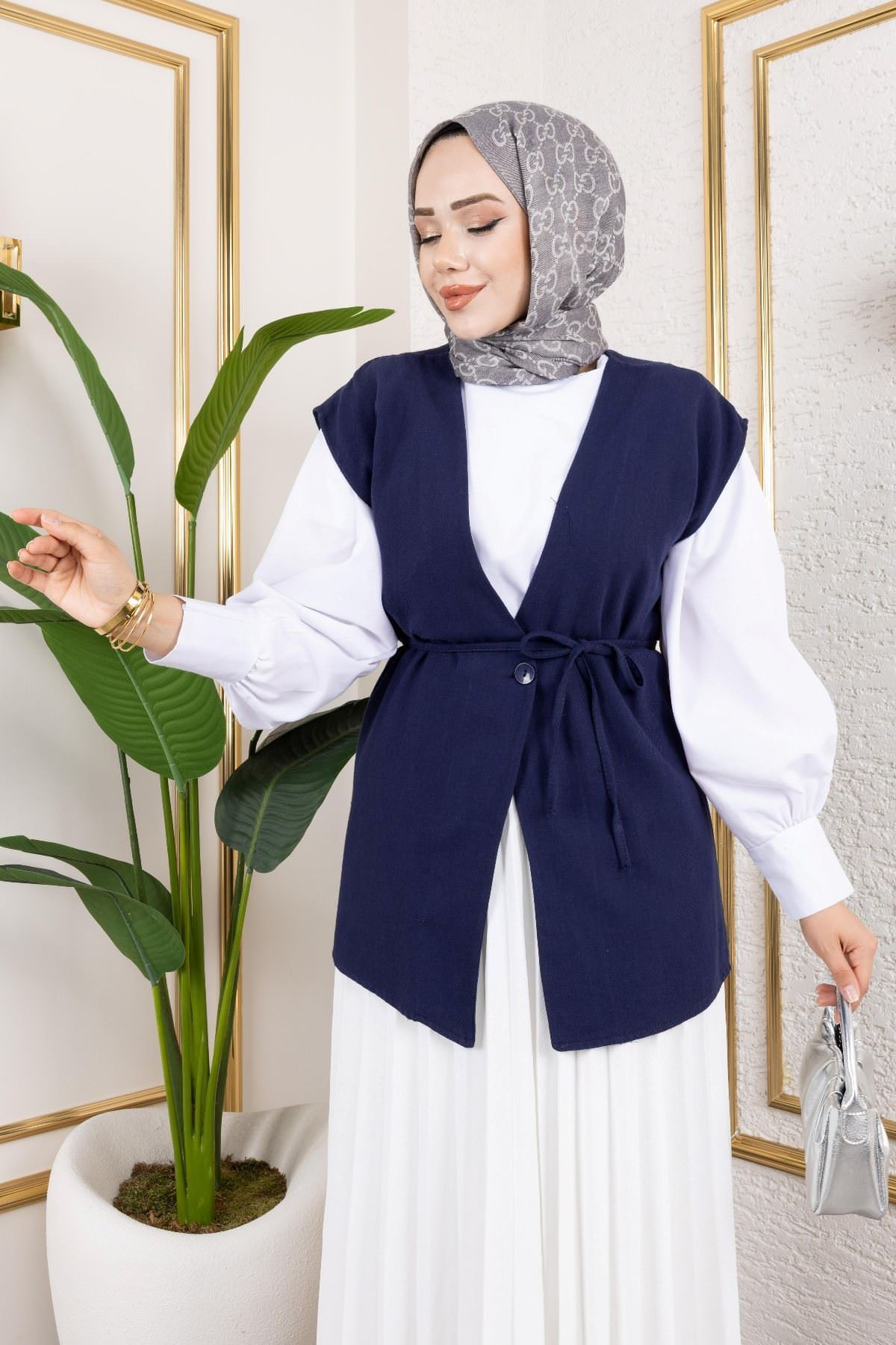 Tek Düğme Keten Yelek-Lacivert