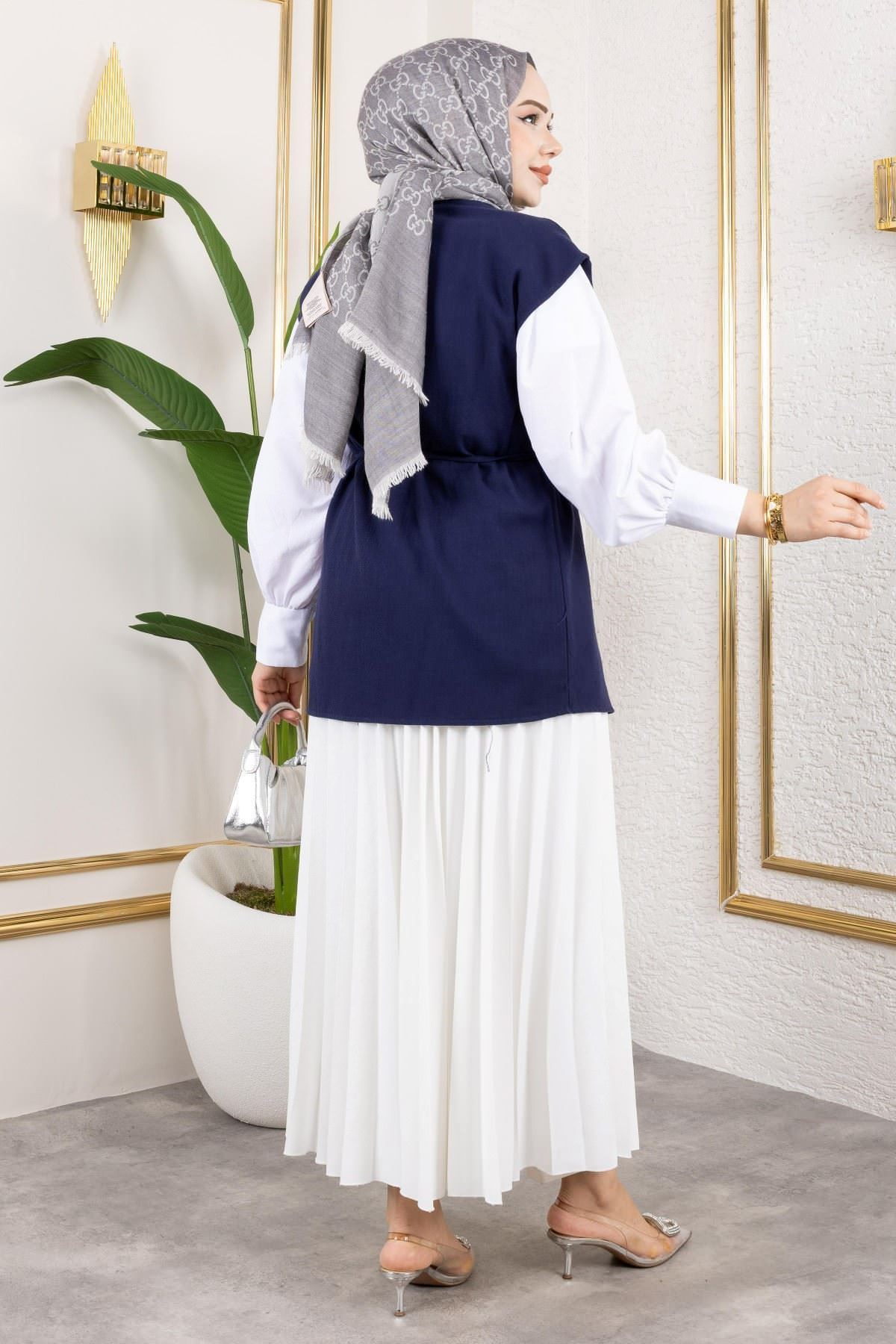 Tek Düğme Keten Yelek-Lacivert