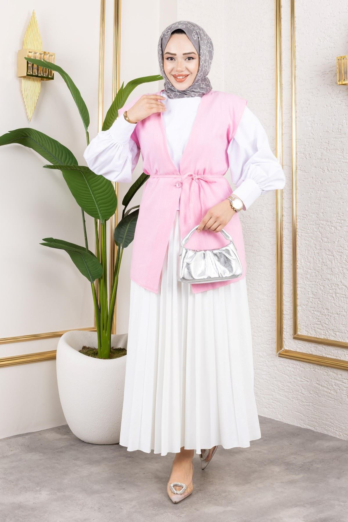 Tek Düğme Keten Yelek-Taş