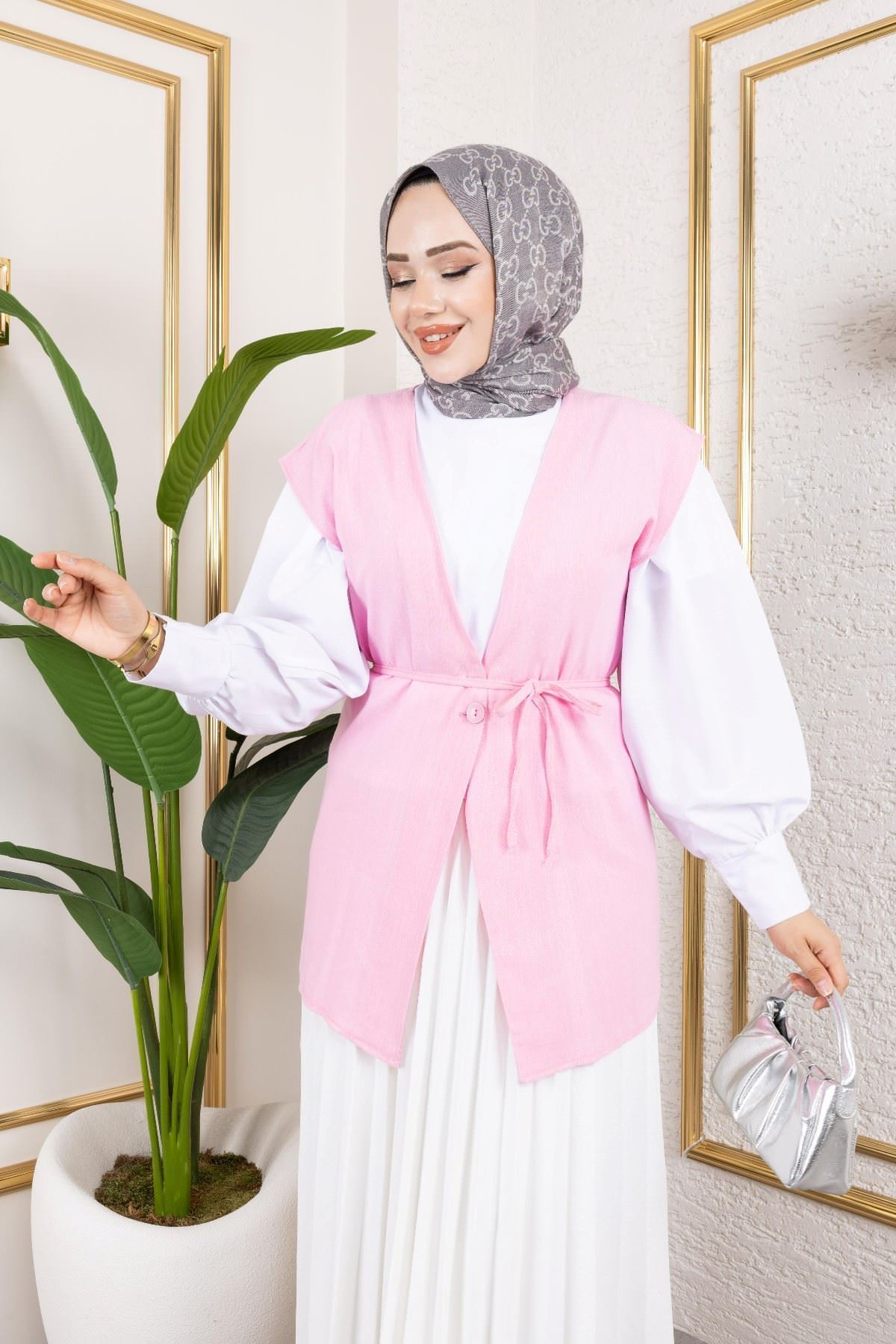 Tek Düğme Keten Yelek-Taş