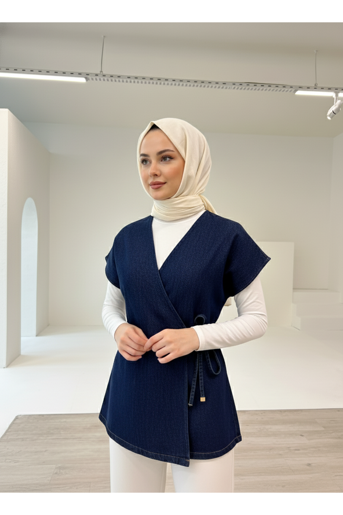 Ön Bağlamalı Düğme Detay Kot Yelek-Kot Rengi