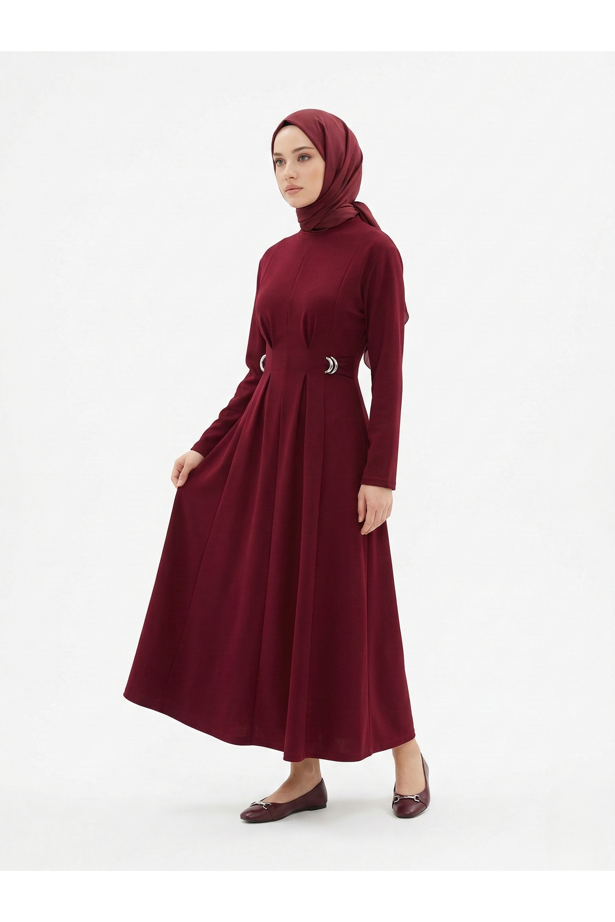 Önü Pensli Kuşak Aksesuar Detay Elbise-Bordo