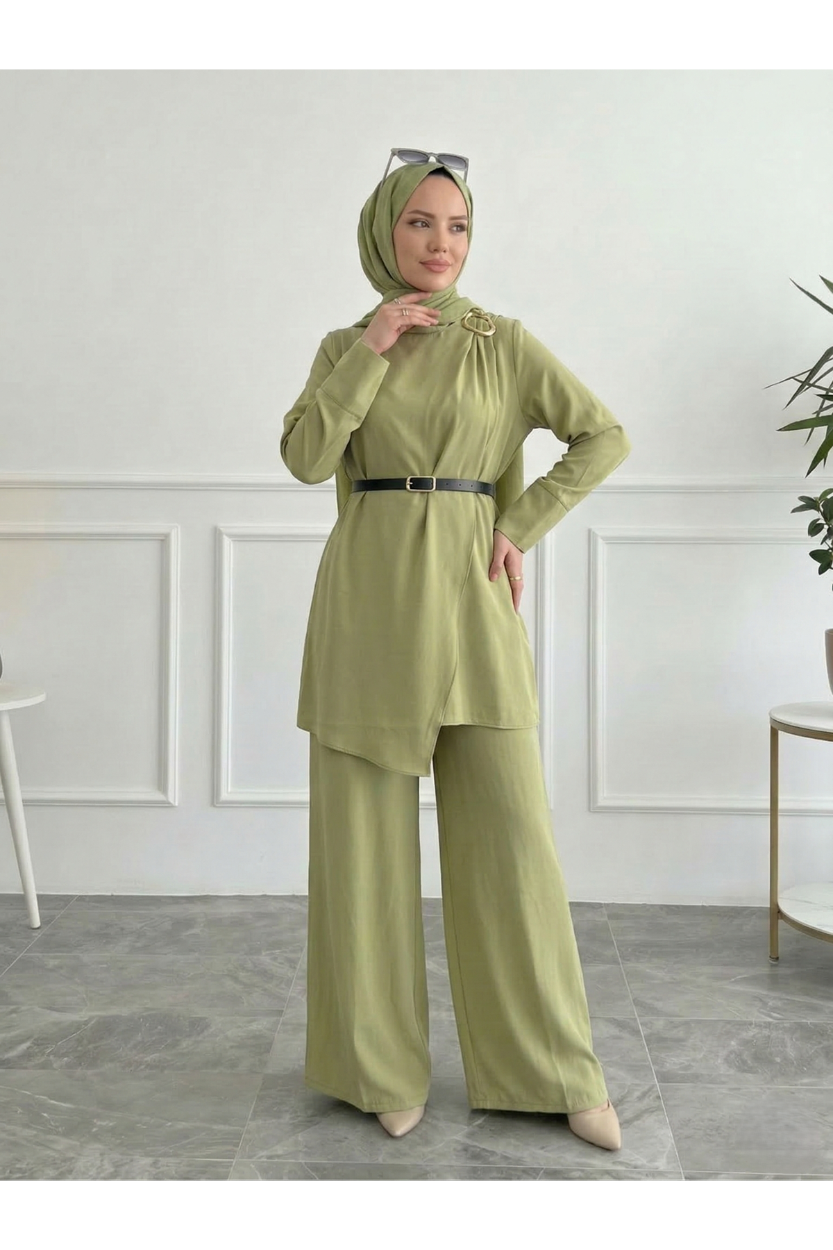 Omuz Aksesuar Pile DetayPantolonlu Takım-YAĞ YEŞİLİ