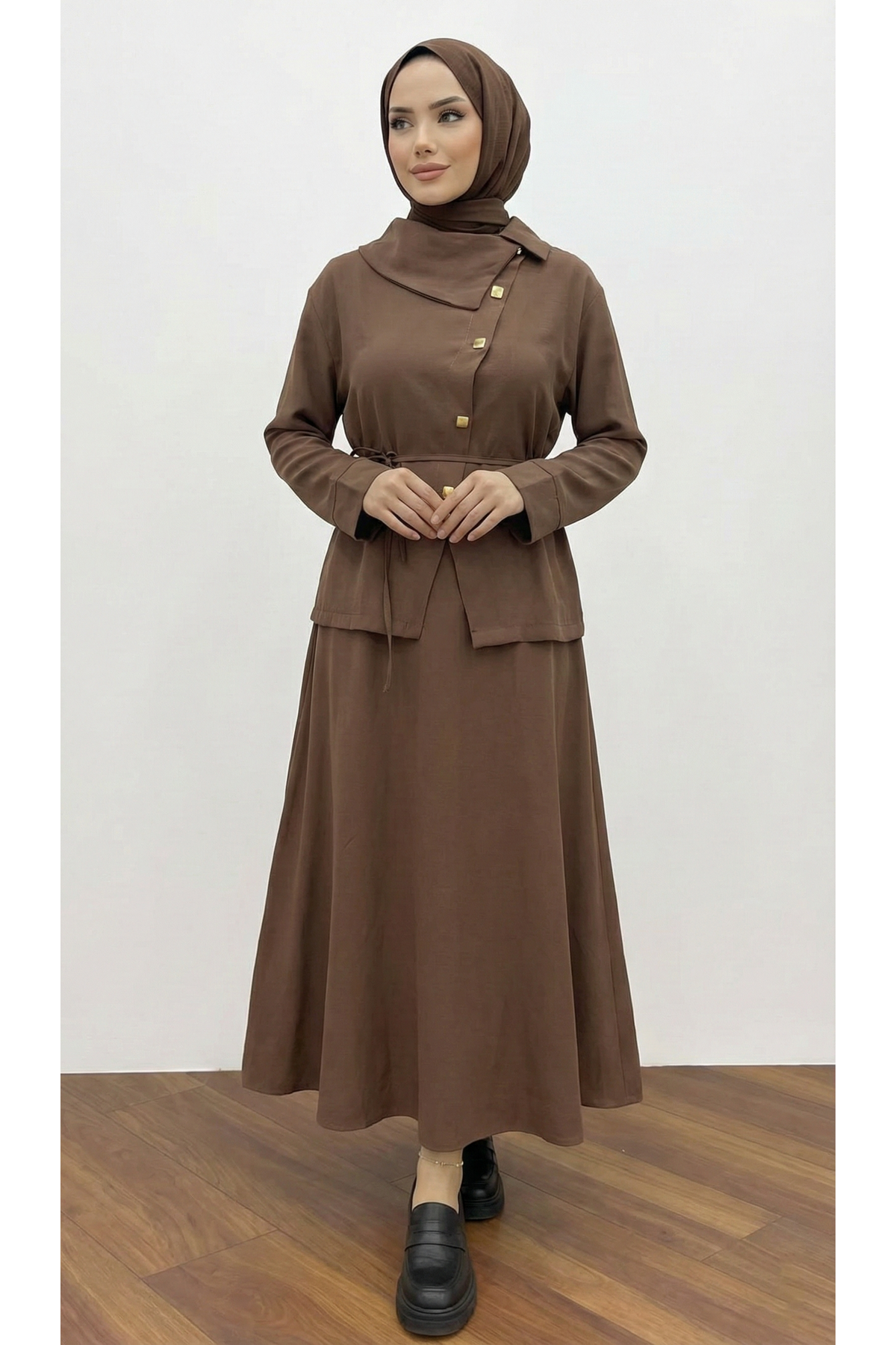 Çapraz Düğmeli Etekli Takım-Kahve