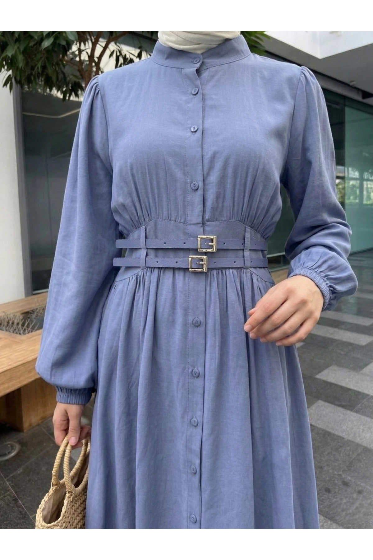 Çift Kemerli Elbise-İndigo