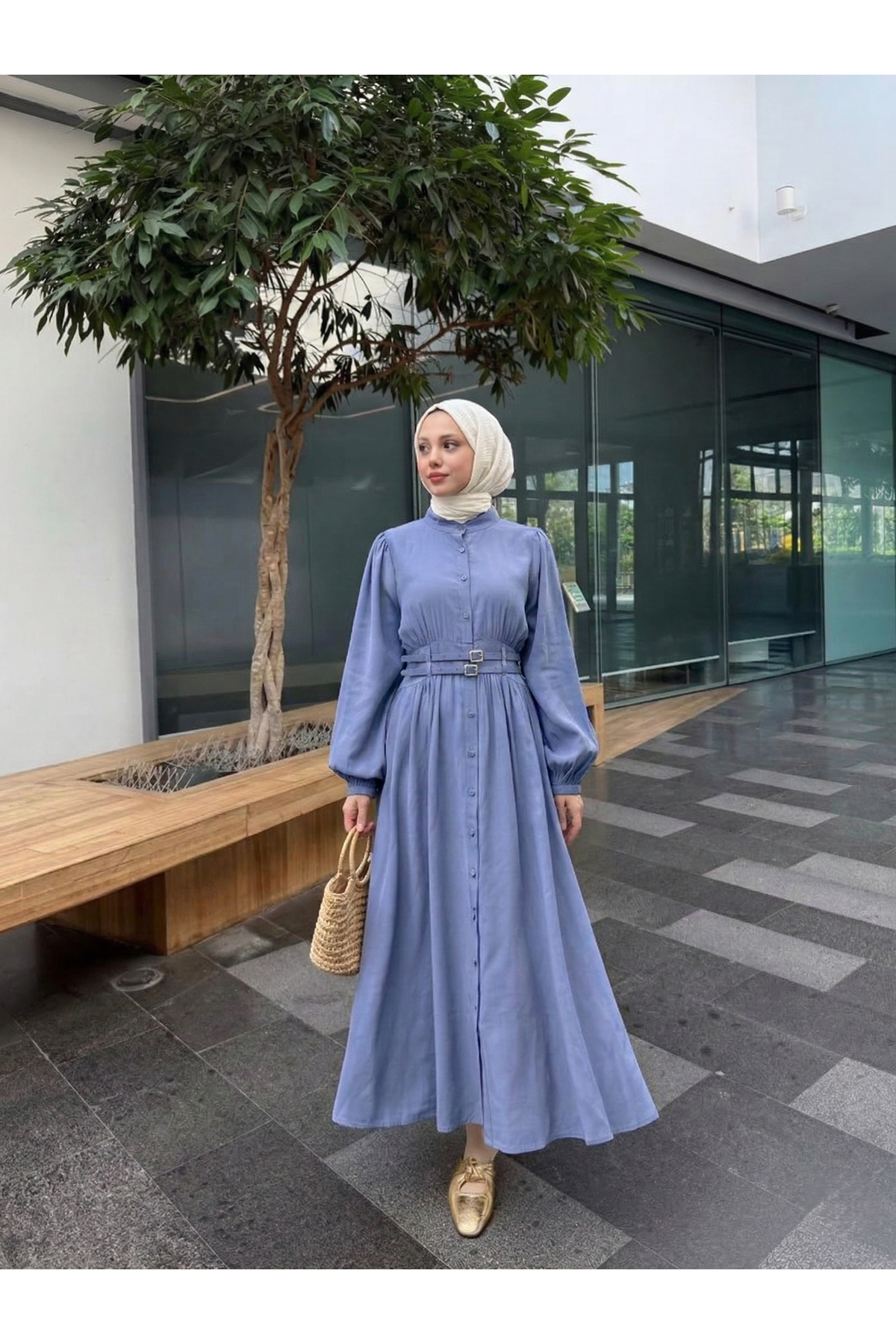 Çift Kemerli Elbise-İndigo