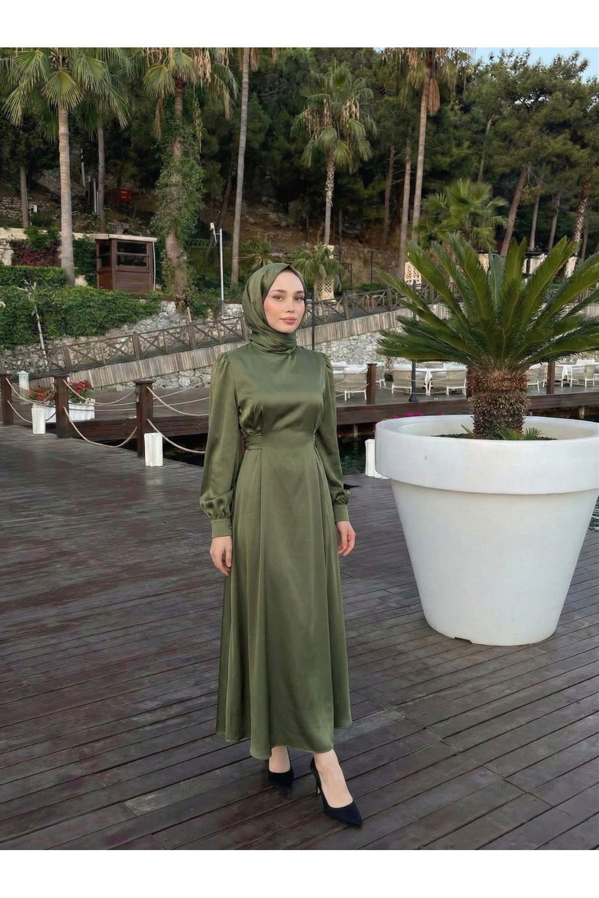 Kuşak Aksesuar Detay Saten Elbise-Haki